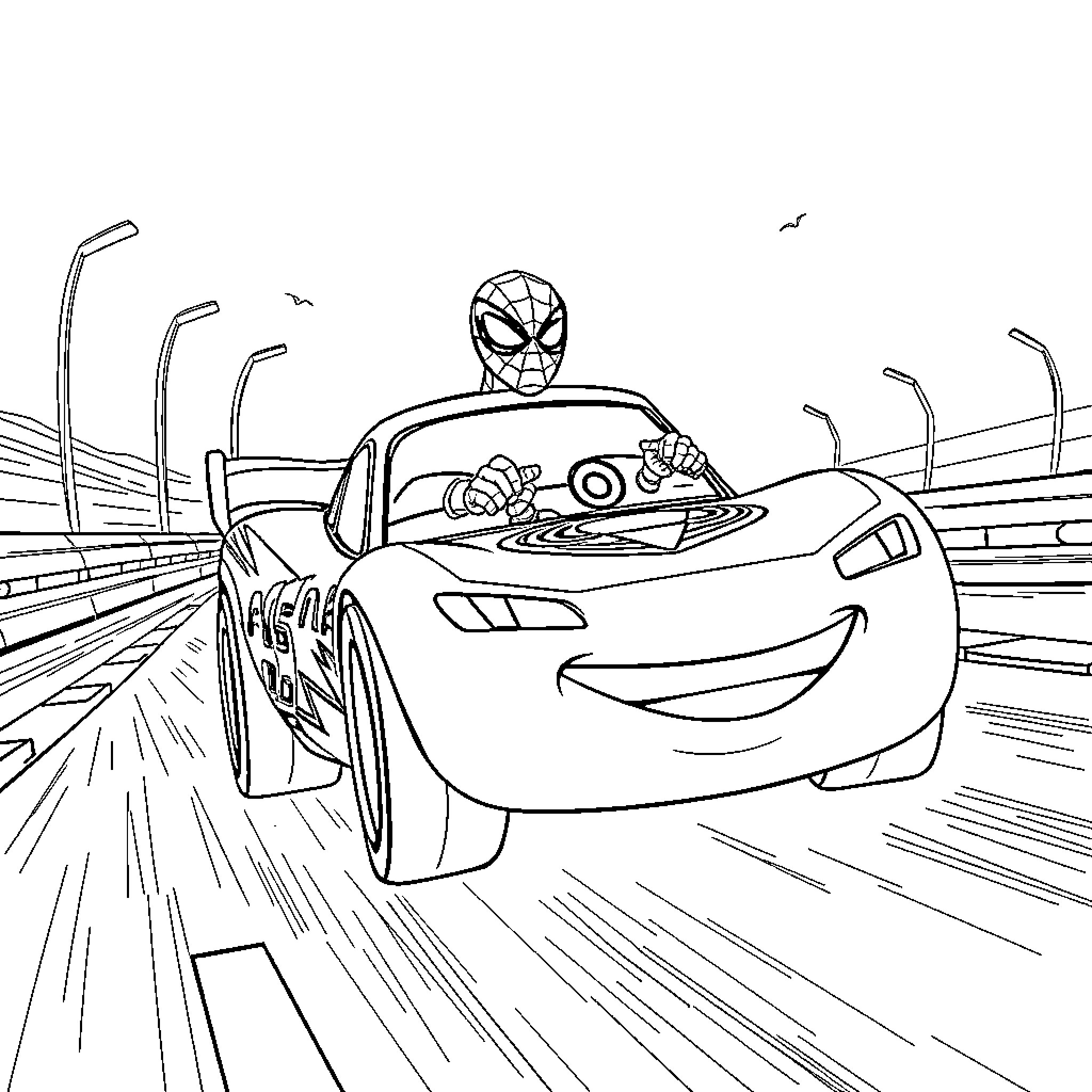 Spiderman rides high-speed car on city streets Coloring Page (free black-and-white line drawing printable PDF for all, from beginners to advanced learners, including children, teens, adults, and seniors)