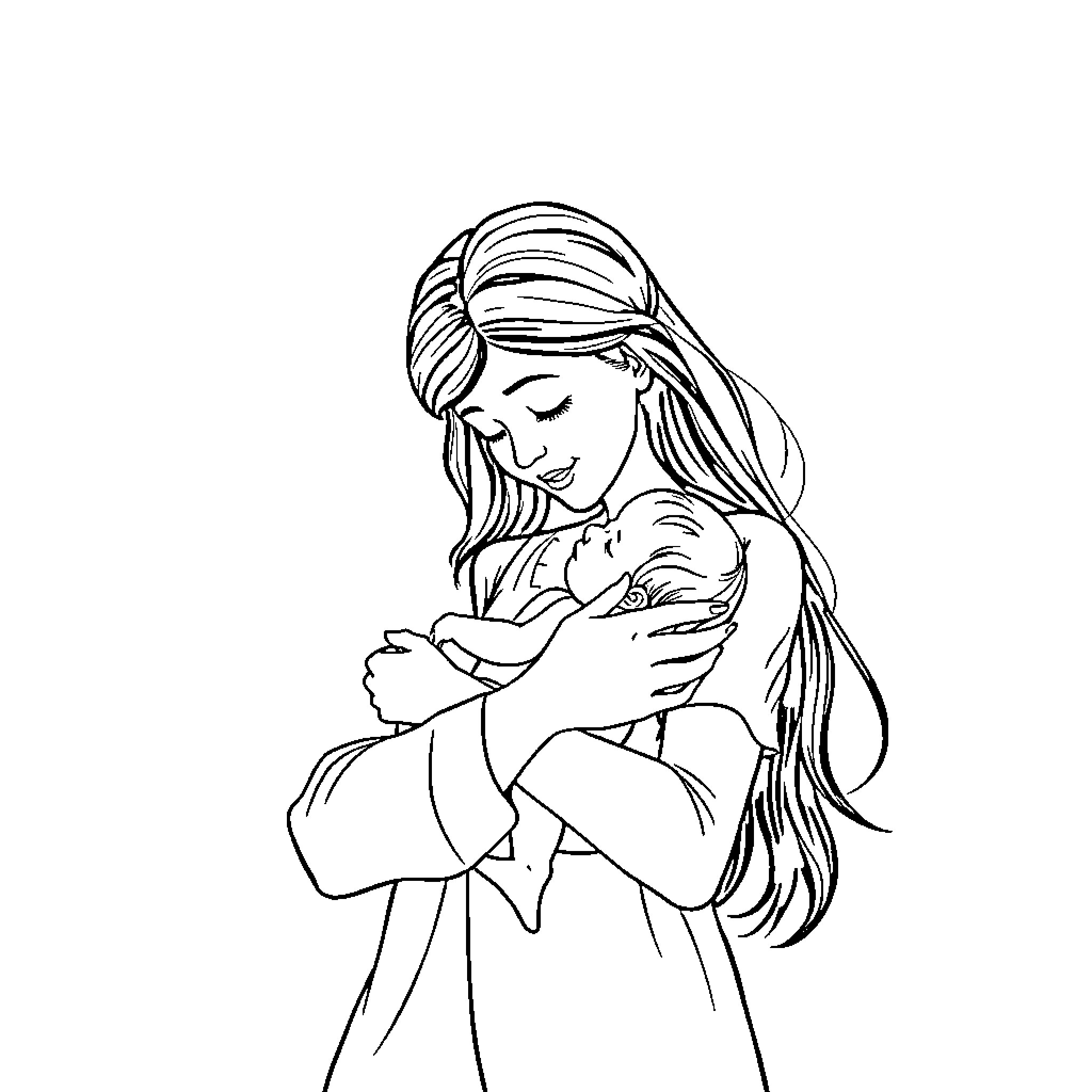 Mom Tenderly Embracing Her Baby Coloring Page (free black-and-white line drawing printable PDF for all, from beginners to advanced learners, including children, teens, adults, and seniors)