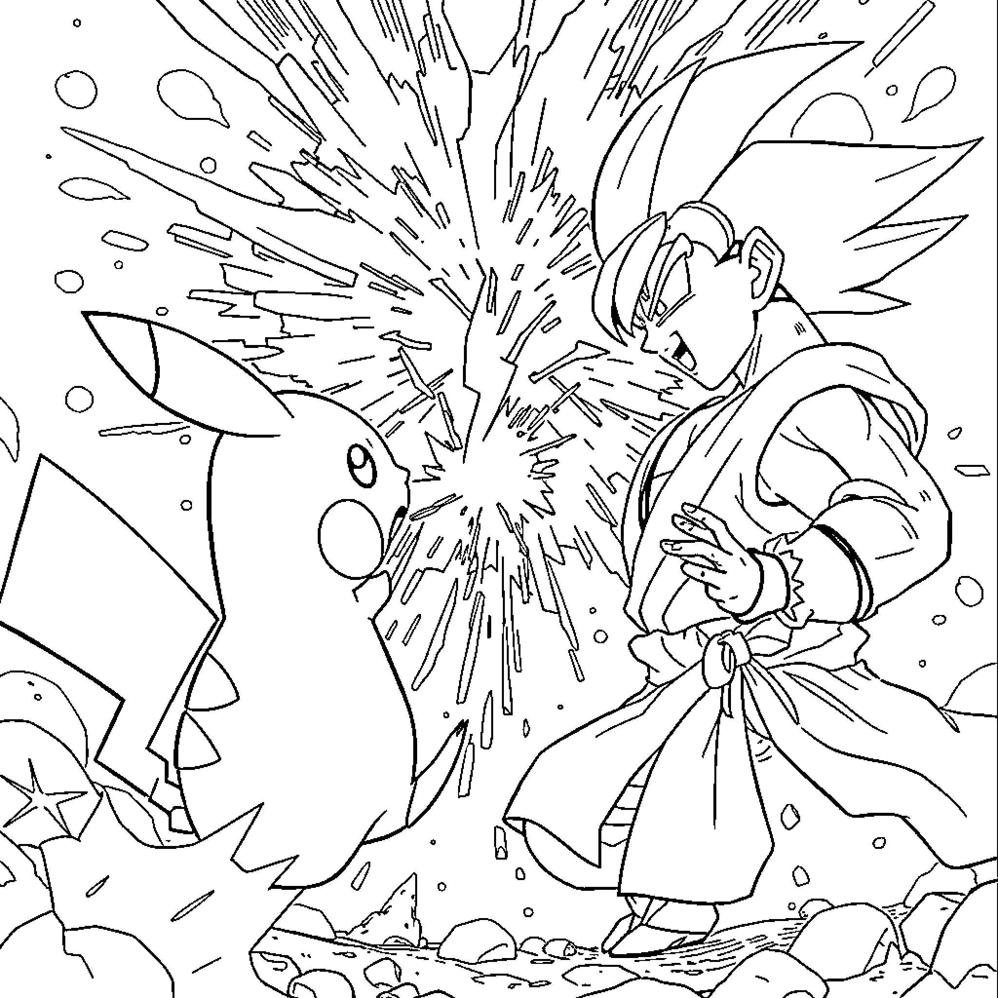 Pikachu's Explosive Encounter Coloring Page (free black-and-white line drawing printable PDF for all, from beginners to advanced learners, including children, teens, adults, and seniors)