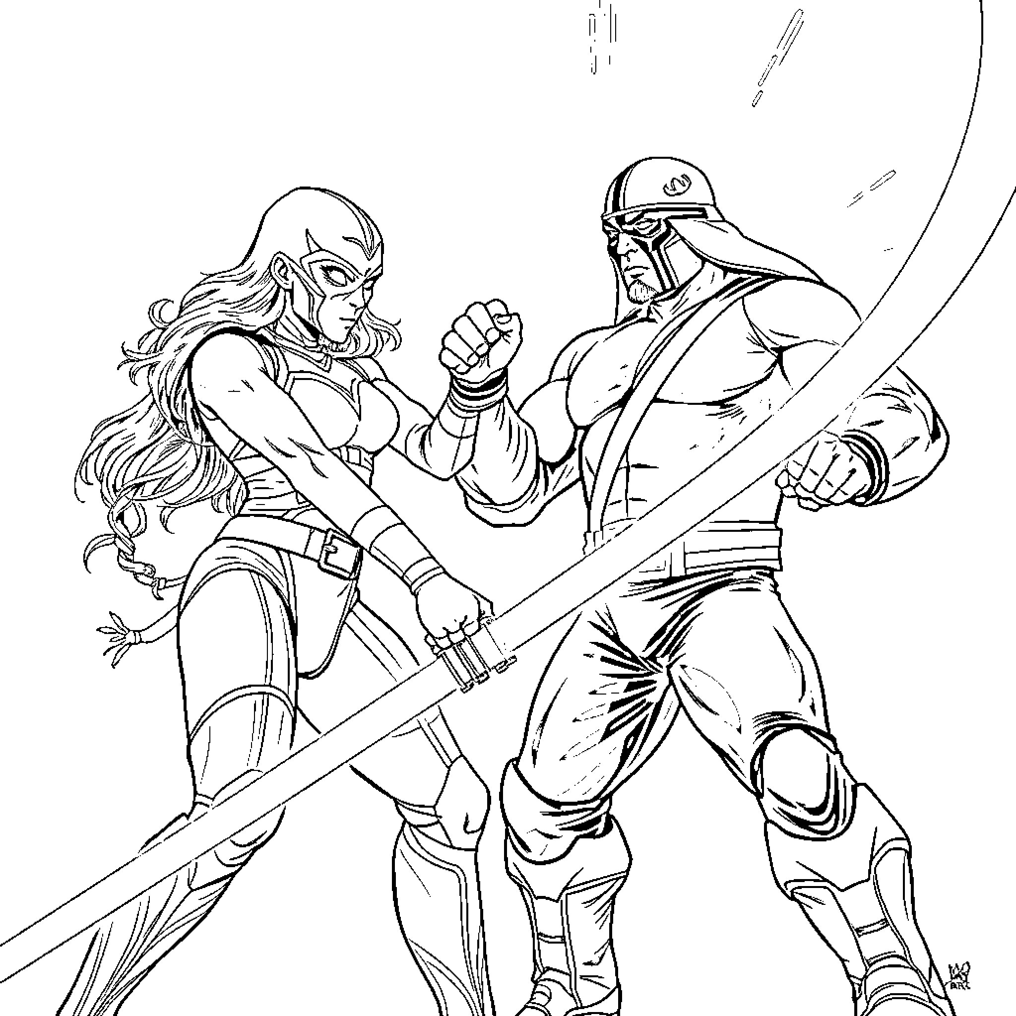 Paz Vizsla battle-ready with a mysterious warrior Coloring Page (free black-and-white line drawing printable PDF for all, from beginners to advanced learners, including children, teens, adults, and seniors)