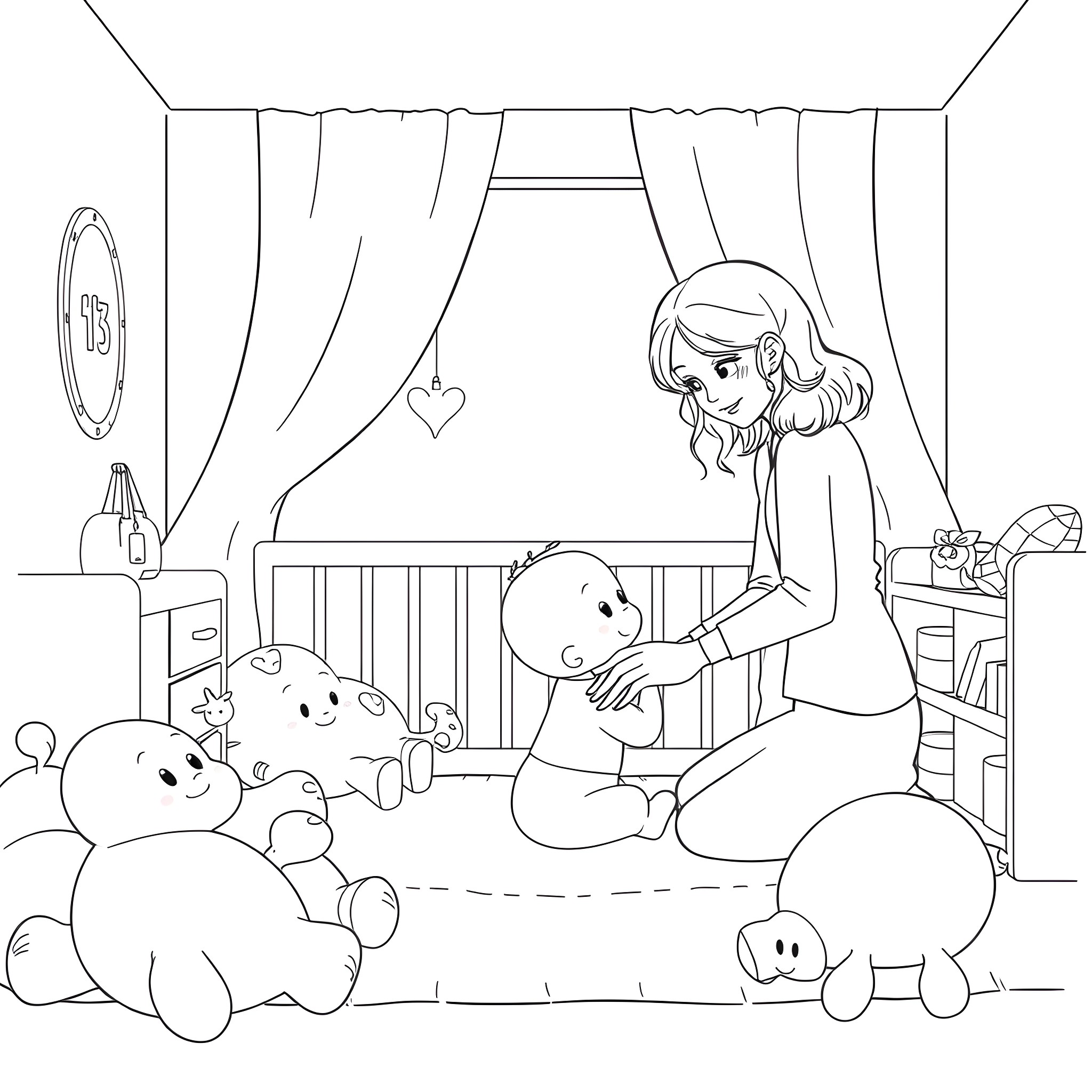Diaper time with adorable plush toys Coloring Page (free black-and-white line drawing printable PDF for all, from beginners to advanced learners, including children, teens, adults, and seniors)