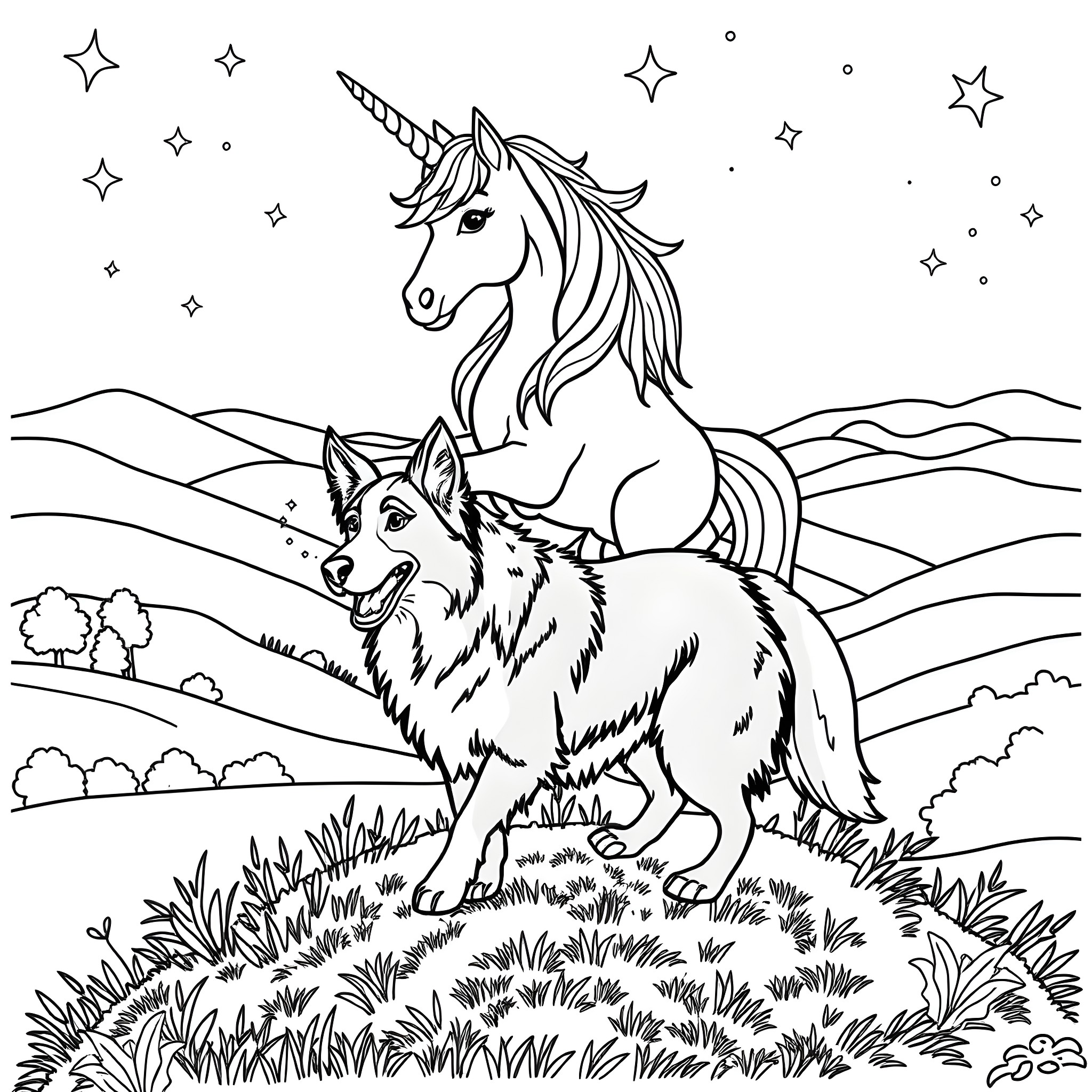 Unicorn and wolf in starry night landscape Coloring Page (free black-and-white line drawing printable PDF for all, from beginners to advanced learners, including children, teens, adults, and seniors)