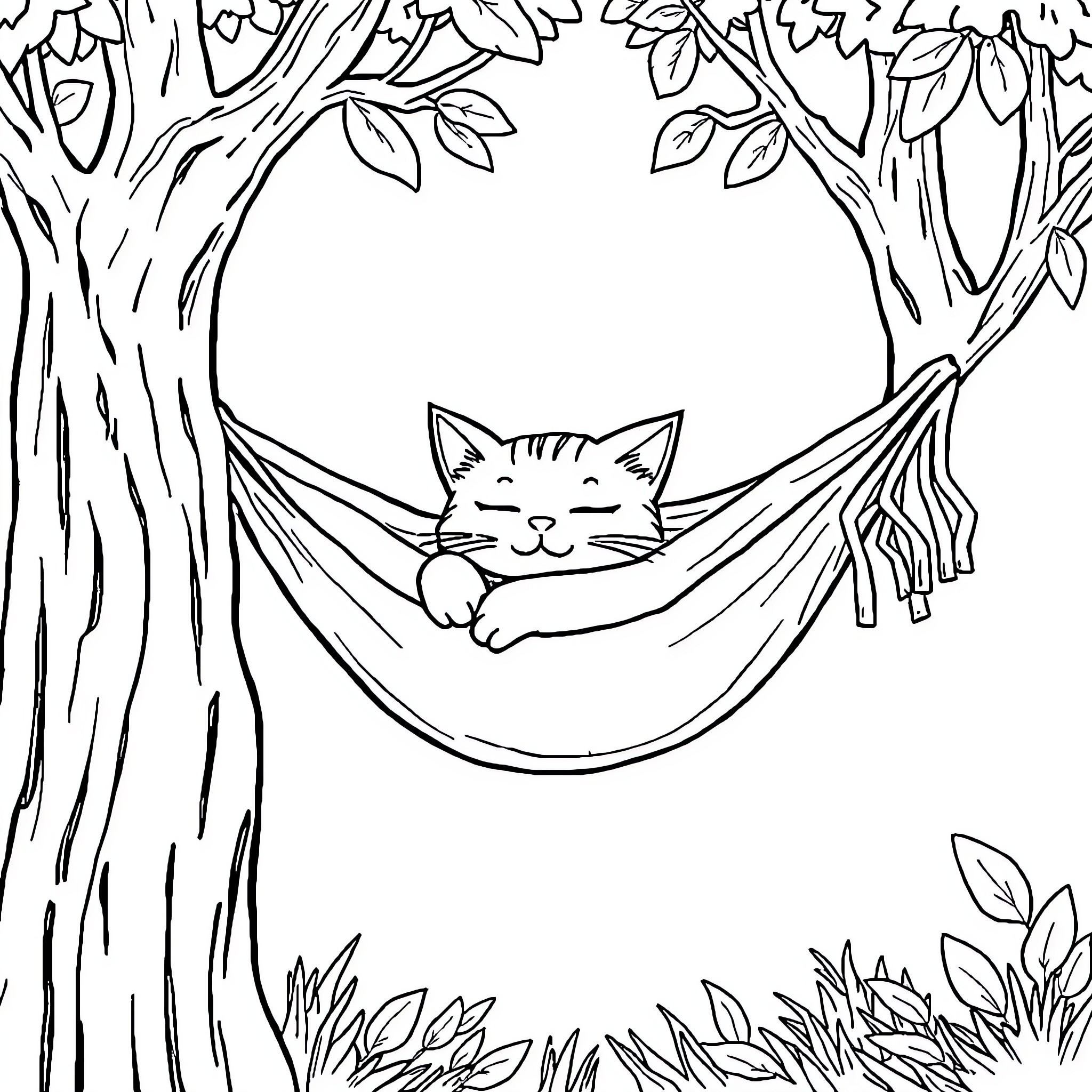 Cat relaxing in a hammock in the forest Coloring Page (free black-and-white line drawing printable PDF for all, from beginners to advanced learners, including children, teens, adults, and seniors)