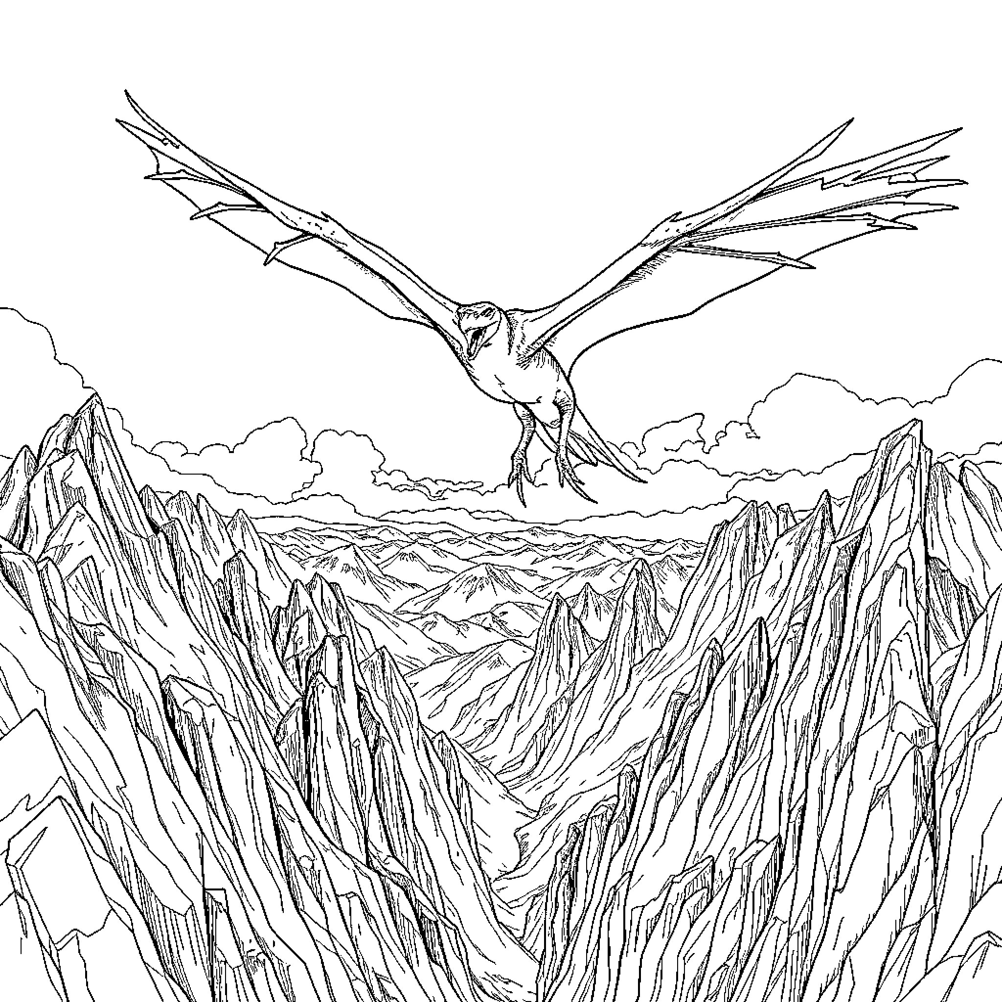 Pterodactyl soaring over rocky mountain landscape Coloring Page (free black-and-white line drawing printable PDF for all, from beginners to advanced learners, including children, teens, adults, and seniors)