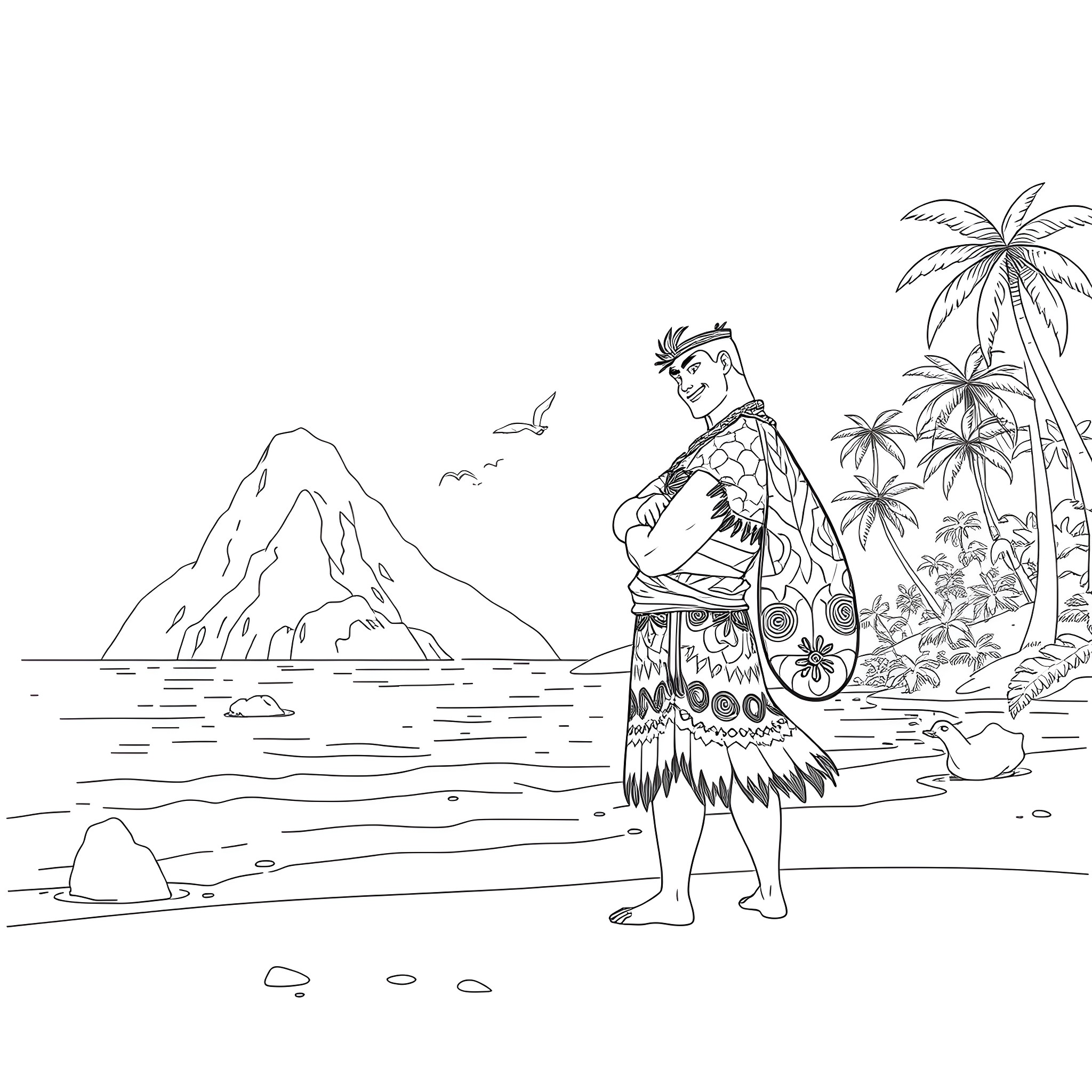 Moana standing on a tropical beach with palm trees Coloring Page (free black-and-white line drawing printable PDF for all, from beginners to advanced learners, including children, teens, adults, and seniors)