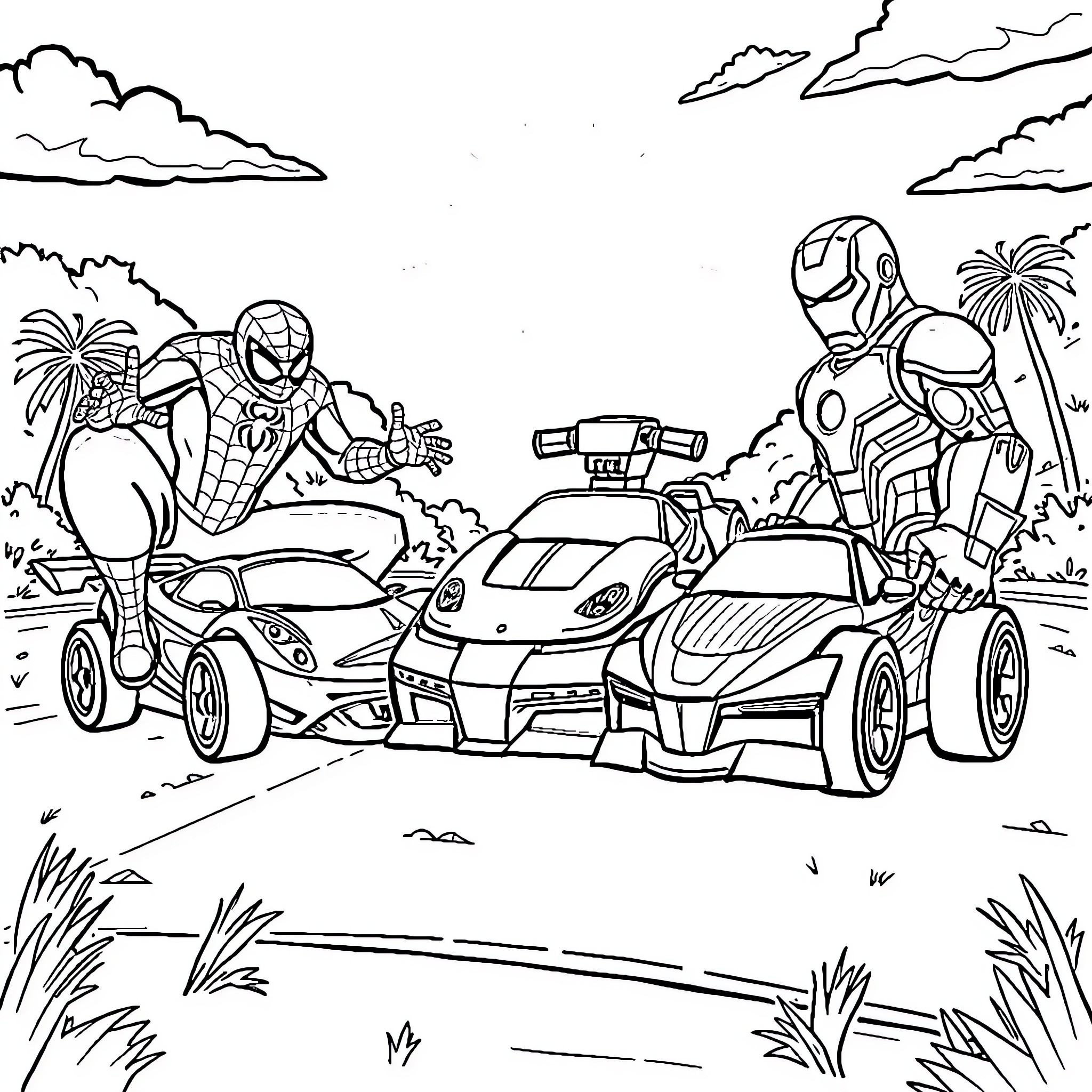 Marvel Super Heroes Race Through Action-Packed Scenes Coloring Page (free black-and-white line drawing printable PDF for all, from beginners to advanced learners, including children, teens, adults, and seniors)