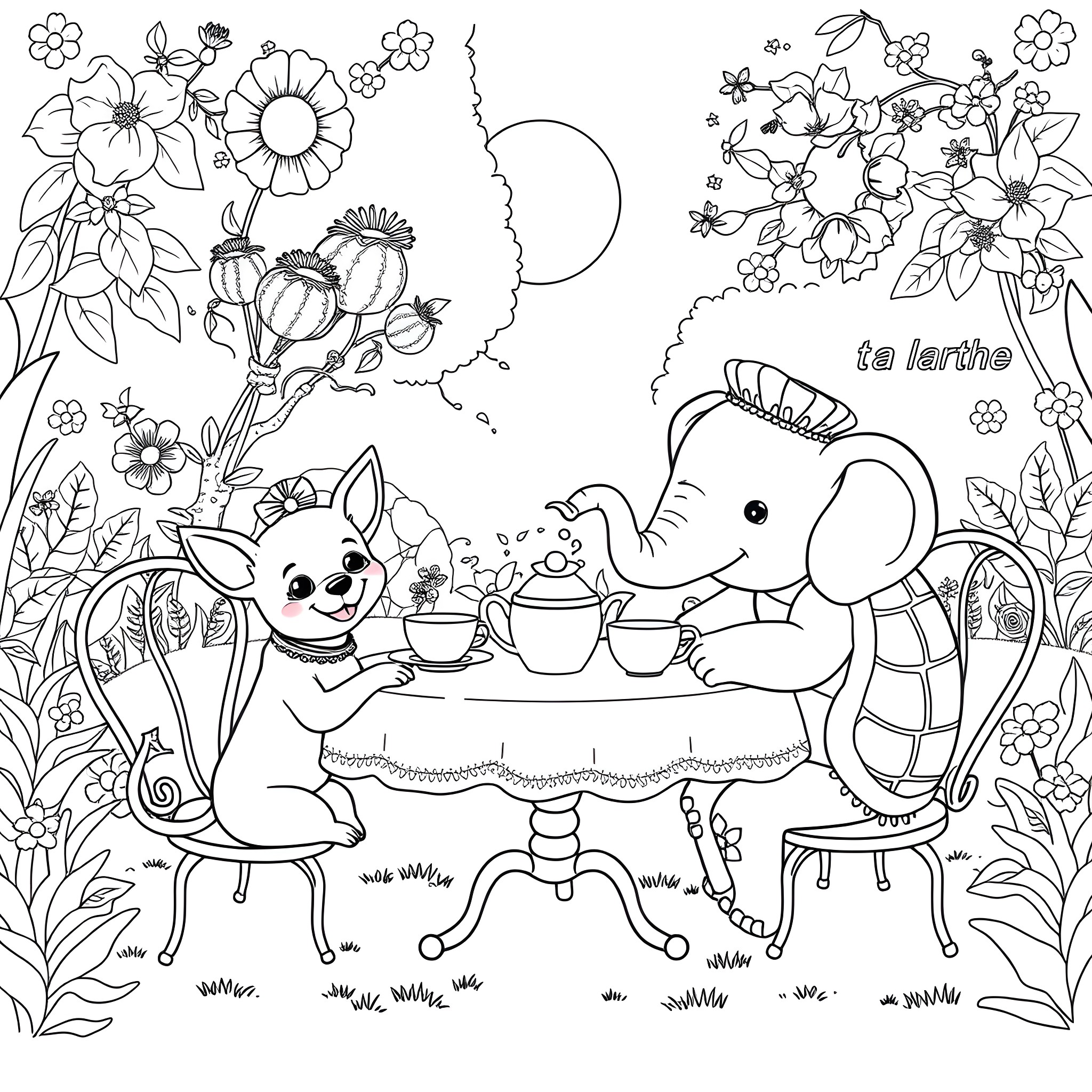 Chihuahua and Elephant Enjoying Tea Party in Blooming Garden Coloring Page (free black-and-white line drawing printable PDF for all, from beginners to advanced learners, including children, teens, adults, and seniors)