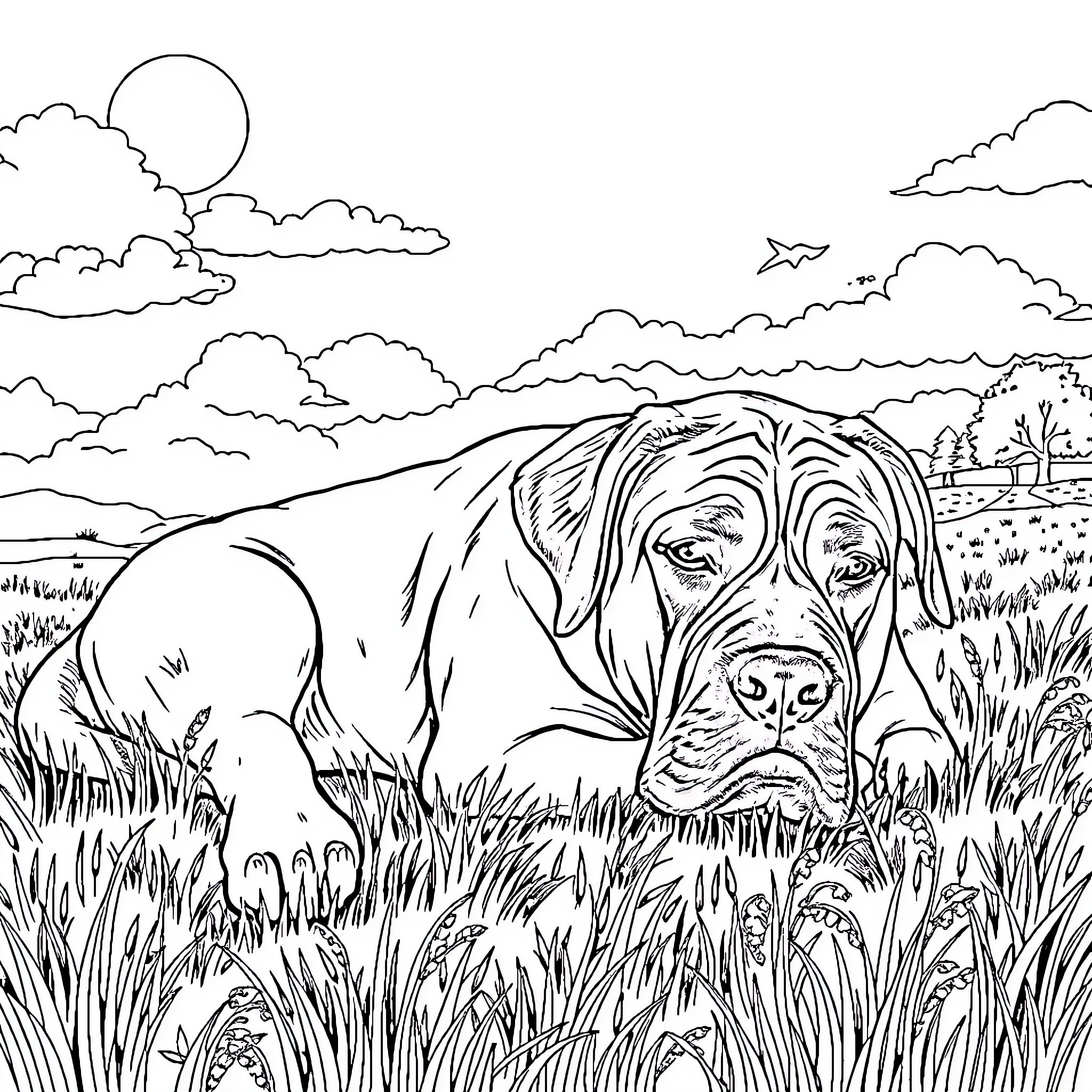 Mastiff exploring the countryside landscape Coloring Page (free black-and-white line drawing printable PDF for all, from beginners to advanced learners, including children, teens, adults, and seniors)