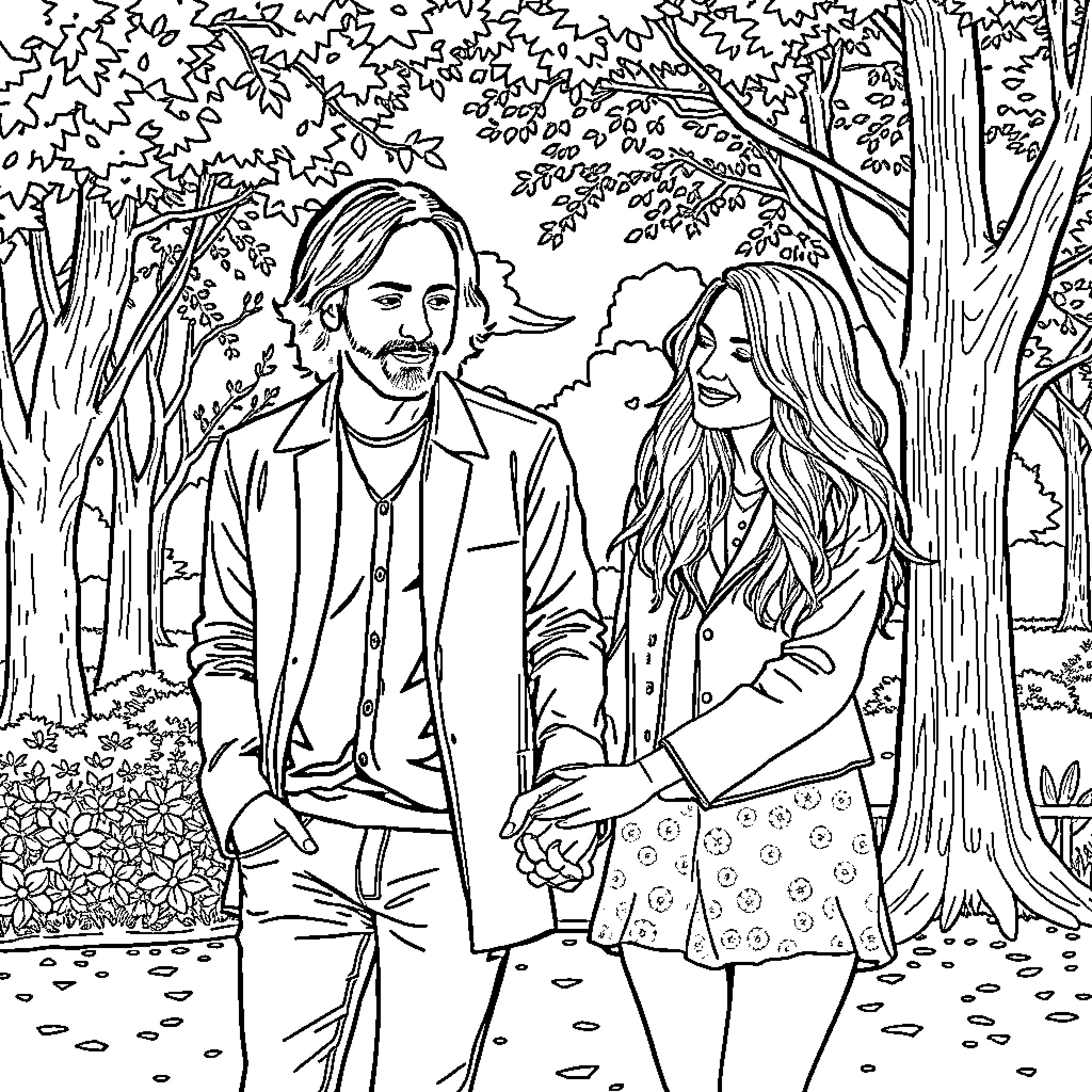 Thom Yorke and companion strolling through lush forest Coloring Page (free black-and-white line drawing printable PDF for all, from beginners to advanced learners, including children, teens, adults, and seniors)