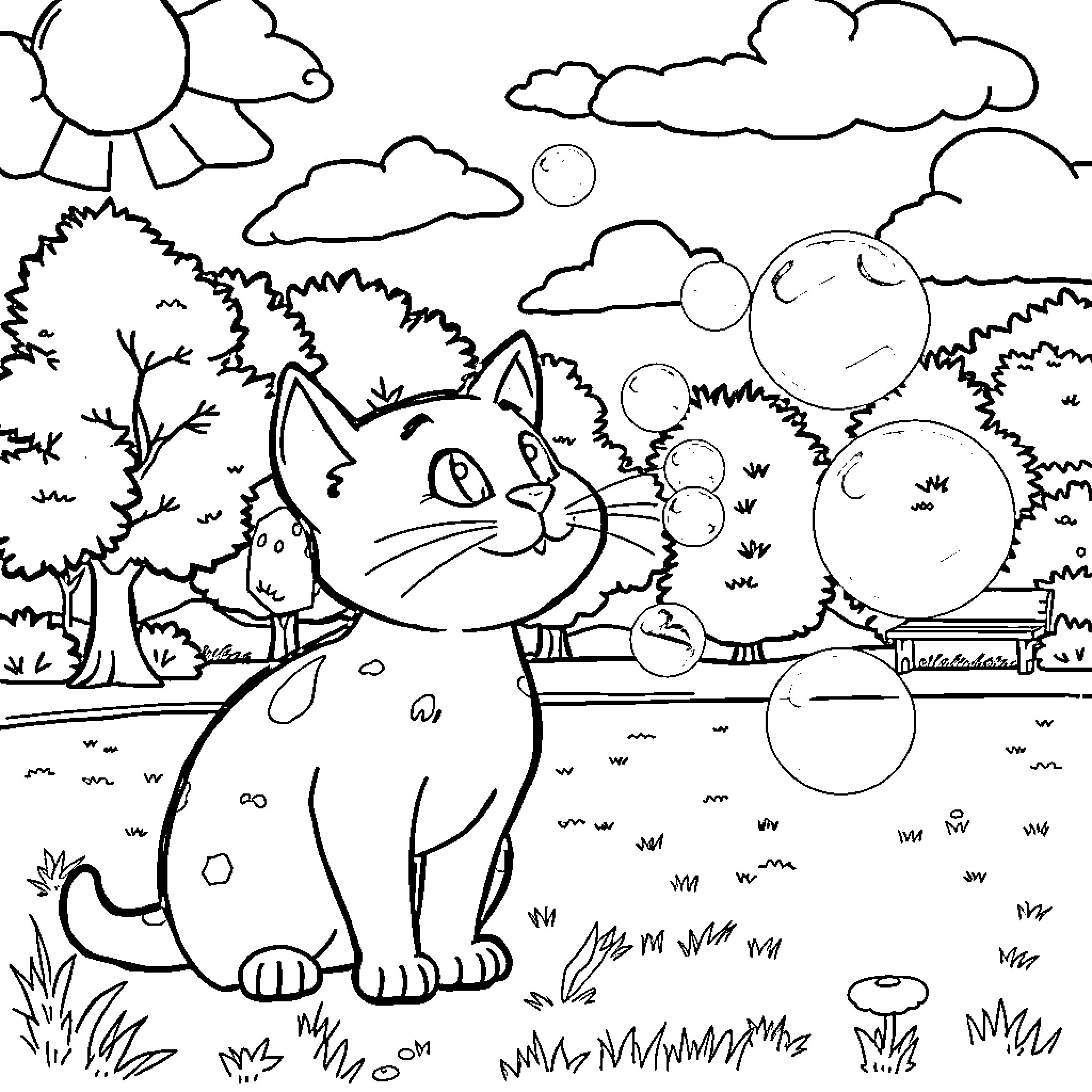 Cat relaxing in a peaceful outdoor scene Coloring Page (free black-and-white line drawing printable PDF for all, from beginners to advanced learners, including children, teens, adults, and seniors)