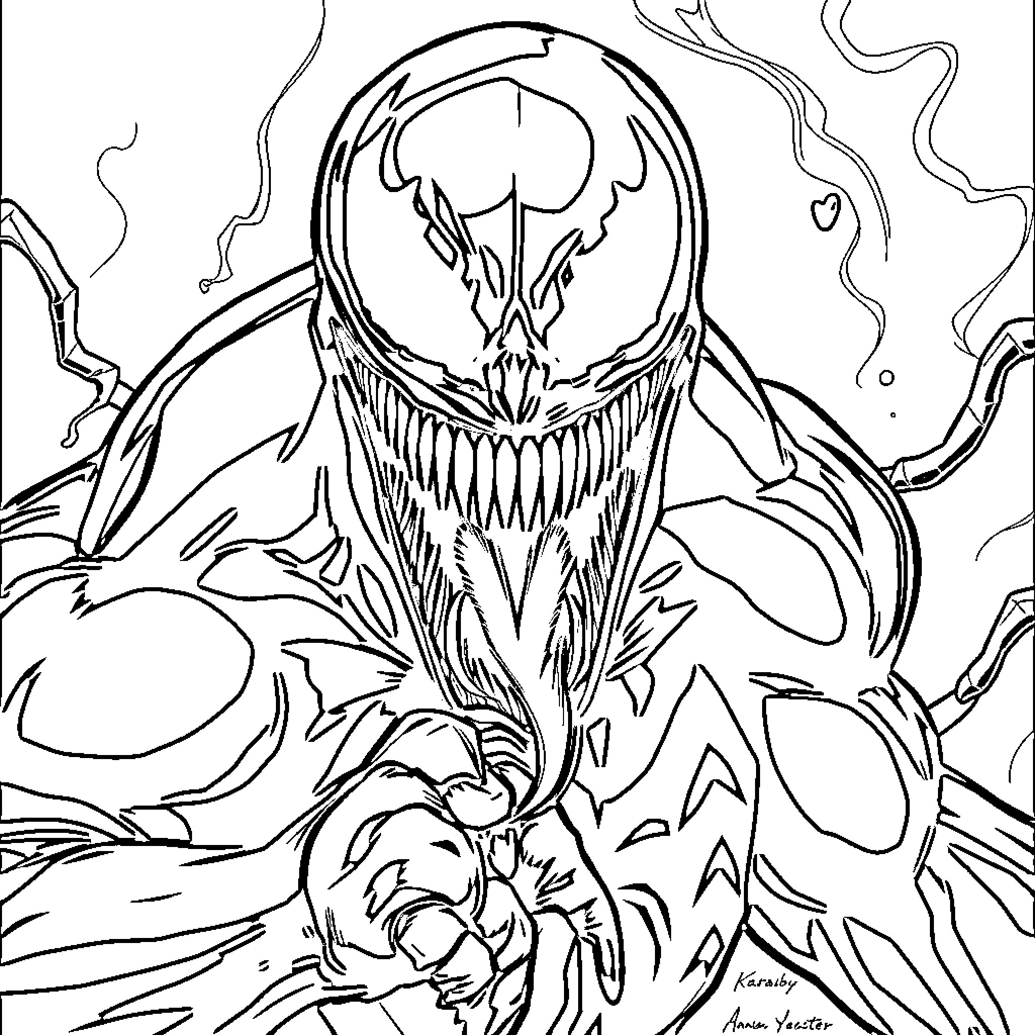 Venom Unleashing Monstrous Power Coloring Page (free black-and-white line drawing printable PDF for all, from beginners to advanced learners, including children, teens, adults, and seniors)