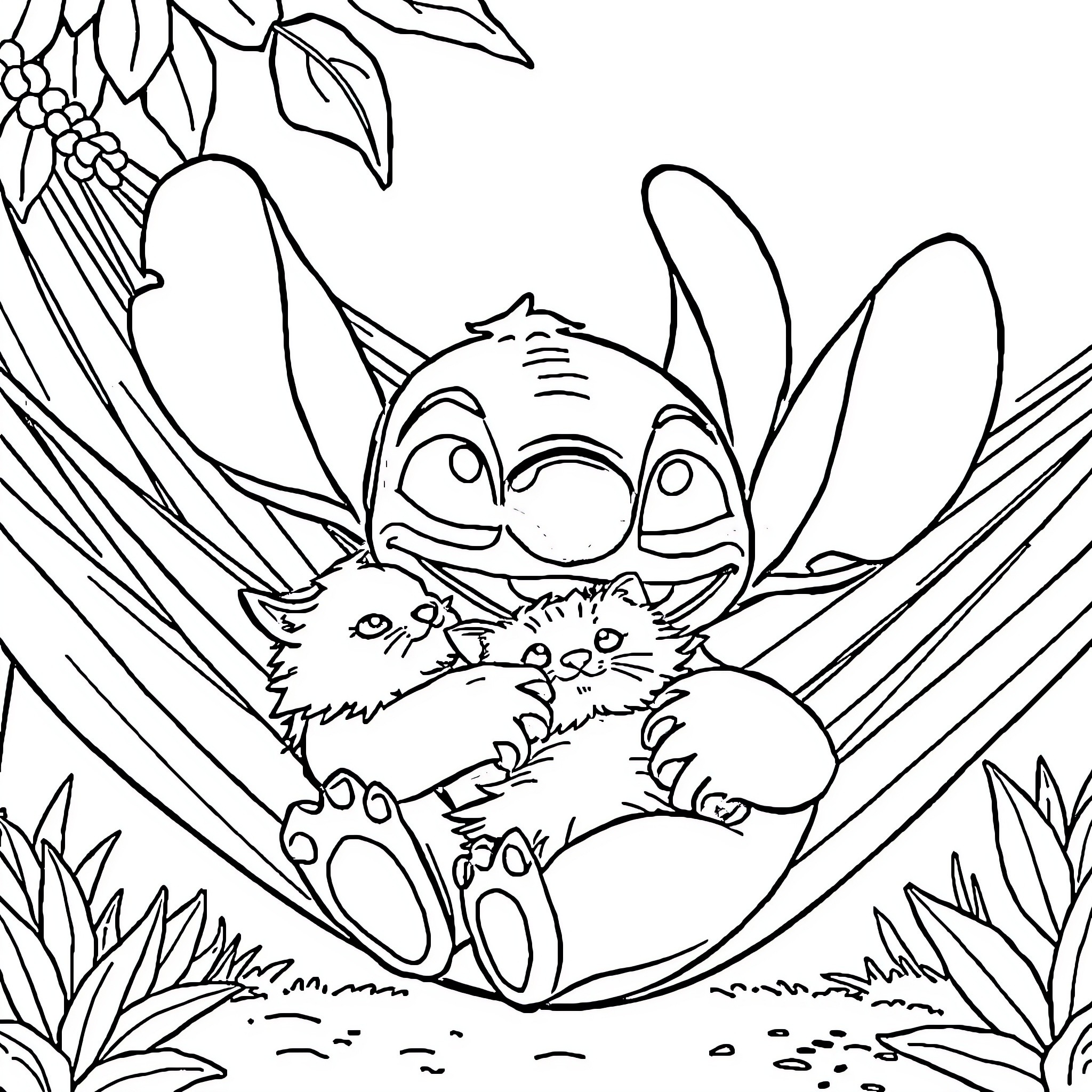 Stitch cuddles with a kitten in the jungle Coloring Page (free black-and-white line drawing printable PDF for all, from beginners to advanced learners, including children, teens, adults, and seniors)