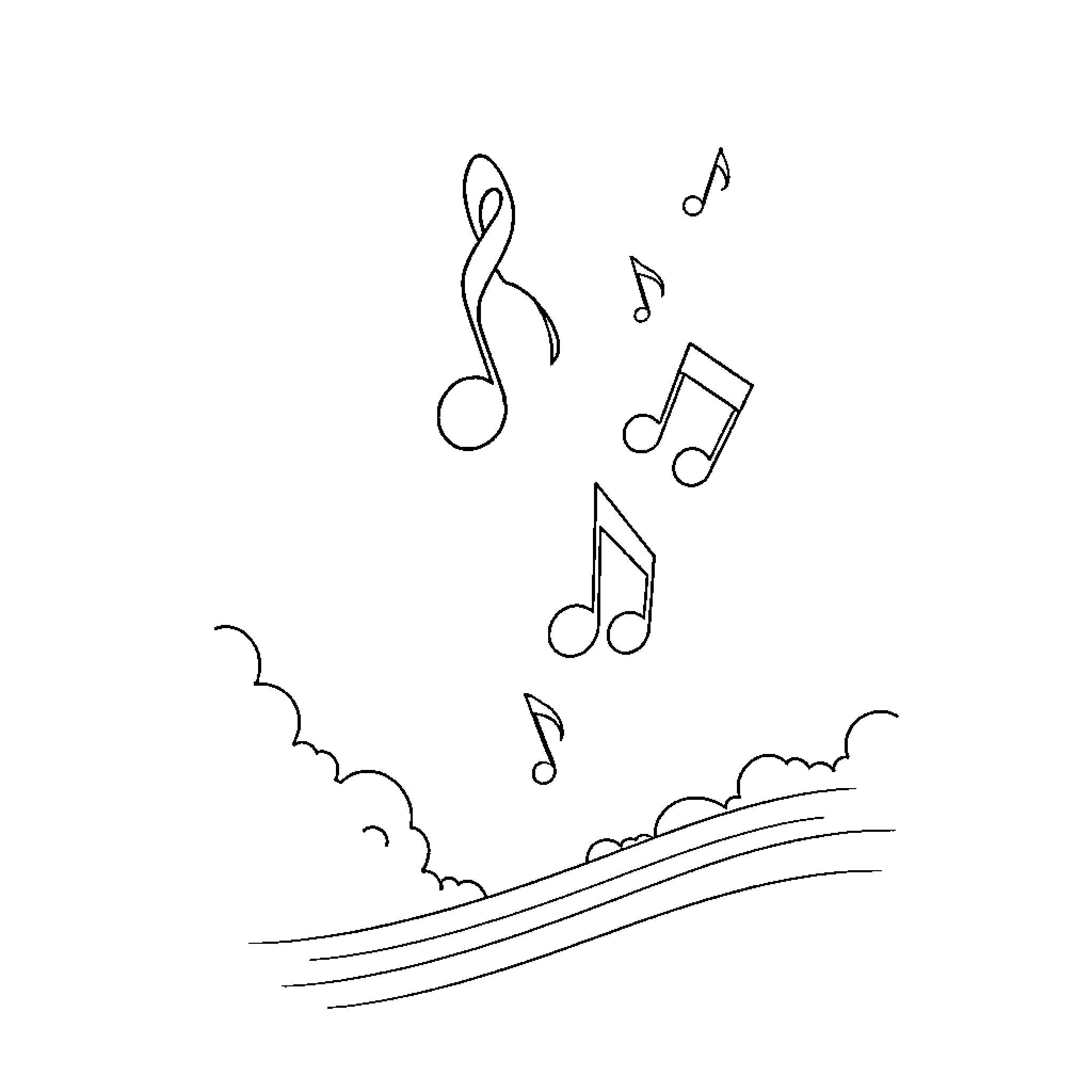Music Notes Dancing Across Scenic Landscape Coloring Page (free black-and-white line drawing printable PDF for all, from beginners to advanced learners, including children, teens, adults, and seniors)