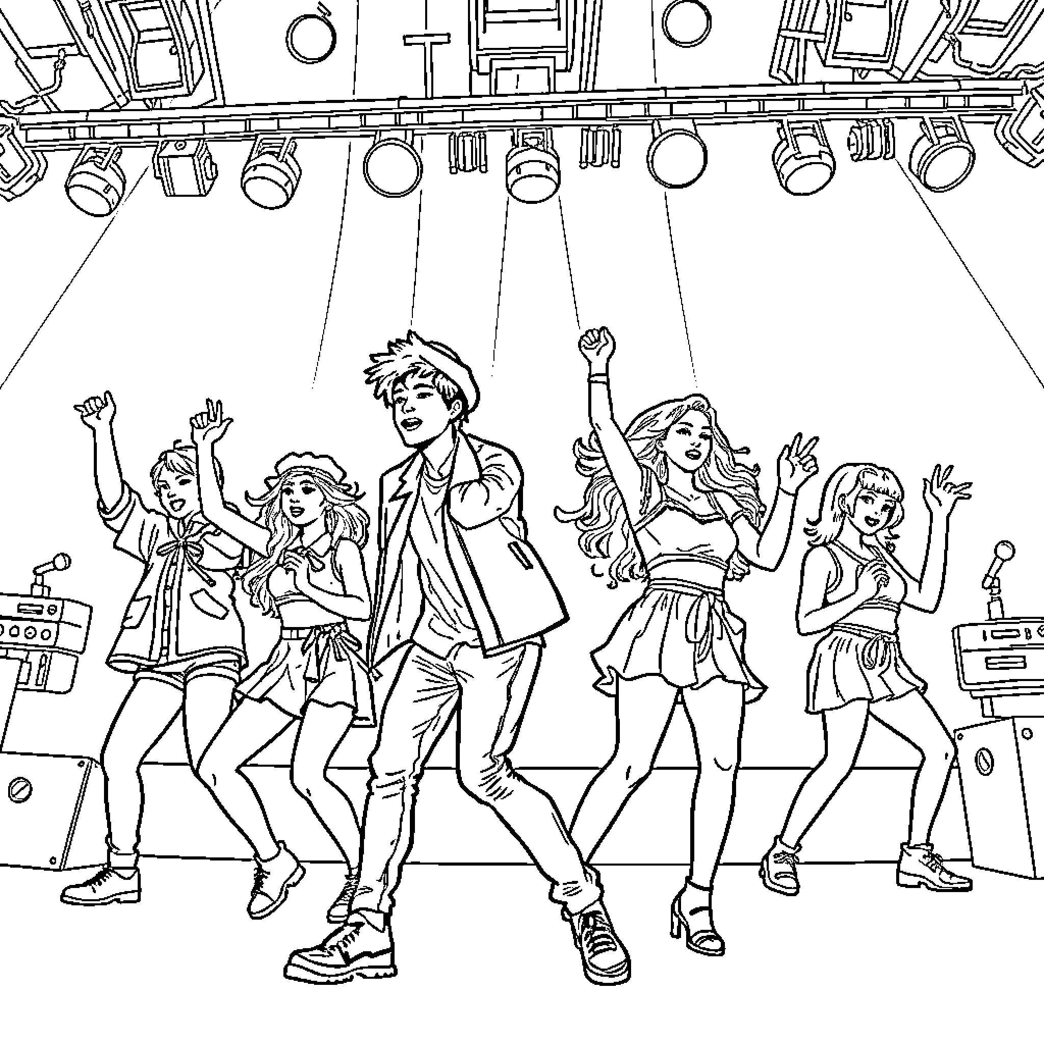 Kpop Group Performing Energetic Dance on Stage Coloring Page (free black-and-white line drawing printable PDF for all, from beginners to advanced learners, including children, teens, adults, and seniors)