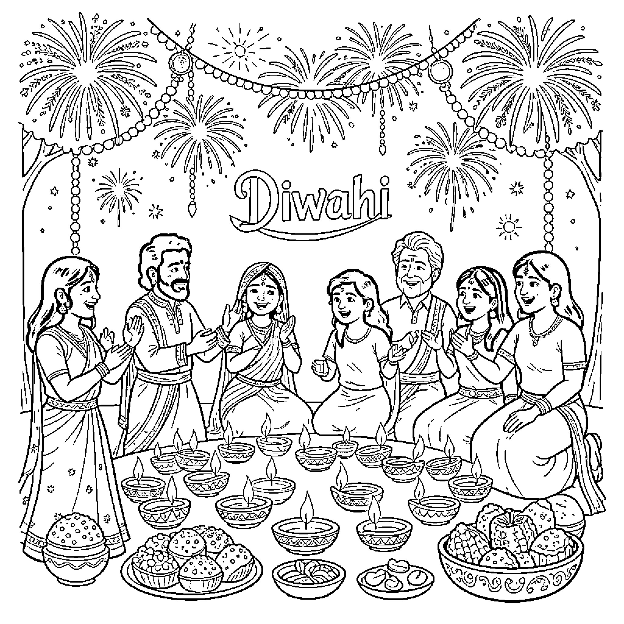 Diwali celebration with family and festive decorations Coloring Page (free black-and-white line drawing printable PDF for all, from beginners to advanced learners, including children, teens, adults, and seniors)