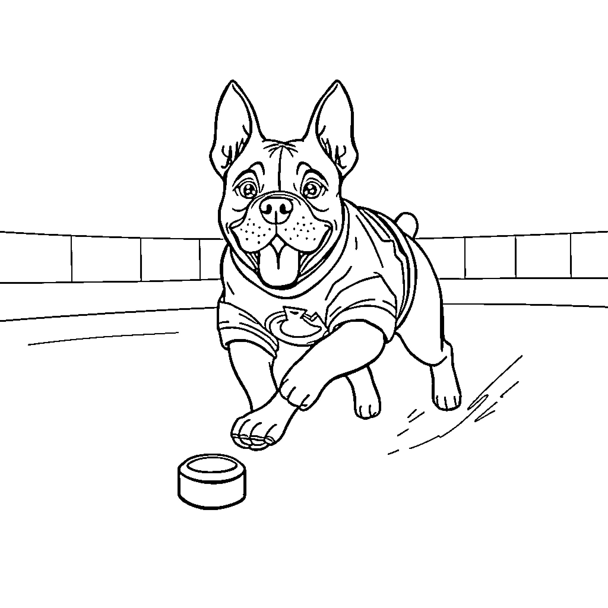 Pit Bull Playing Happily with Dog Bowl Coloring Page (free black-and-white line drawing printable PDF for all, from beginners to advanced learners, including children, teens, adults, and seniors)