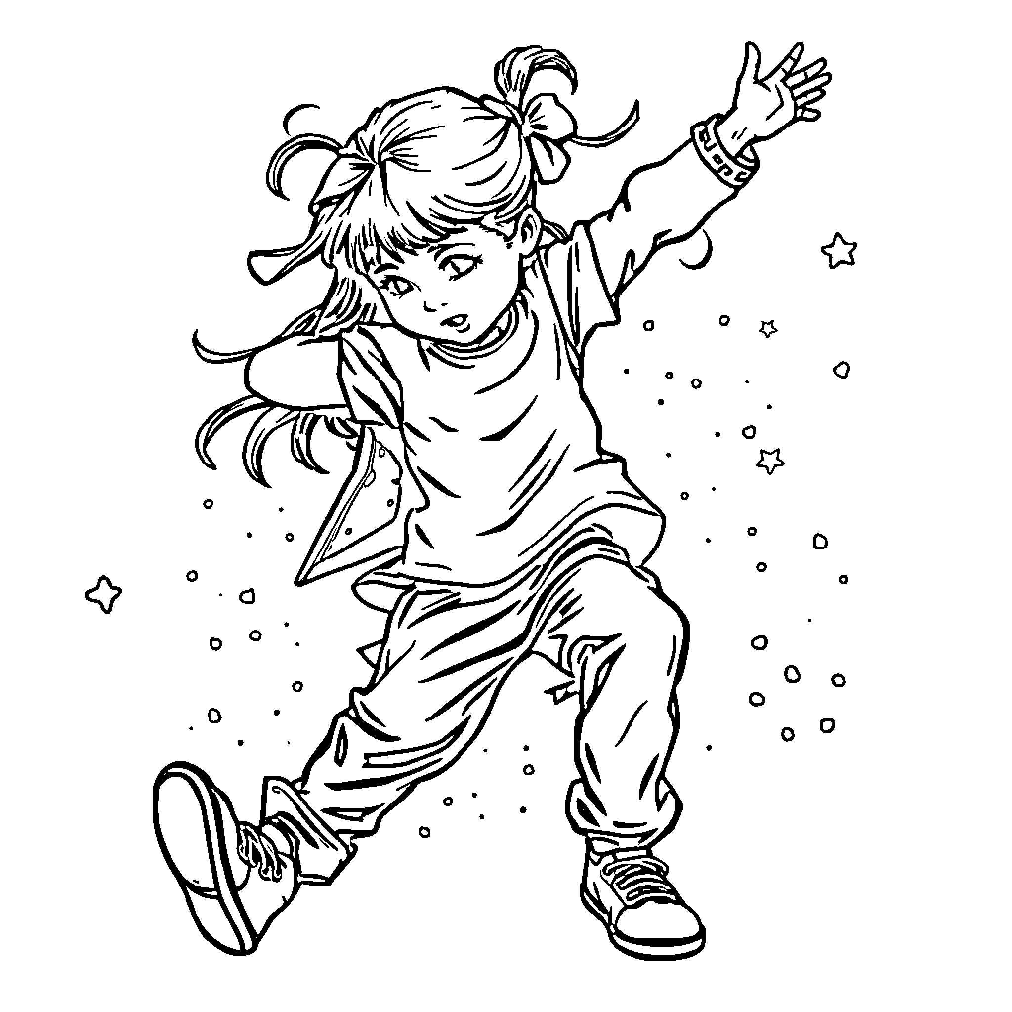 Break Dance Girl Performing Energetic Moves Coloring Page (free black-and-white line drawing printable PDF for all, from beginners to advanced learners, including children, teens, adults, and seniors)
