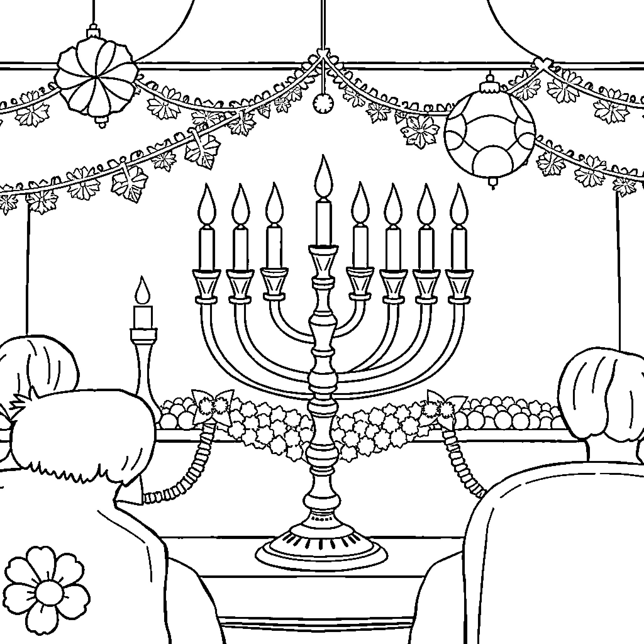 Chanukah celebration with traditional decorations and menorah Coloring Page (free black-and-white line drawing printable PDF for all, from beginners to advanced learners, including children, teens, adults, and seniors)