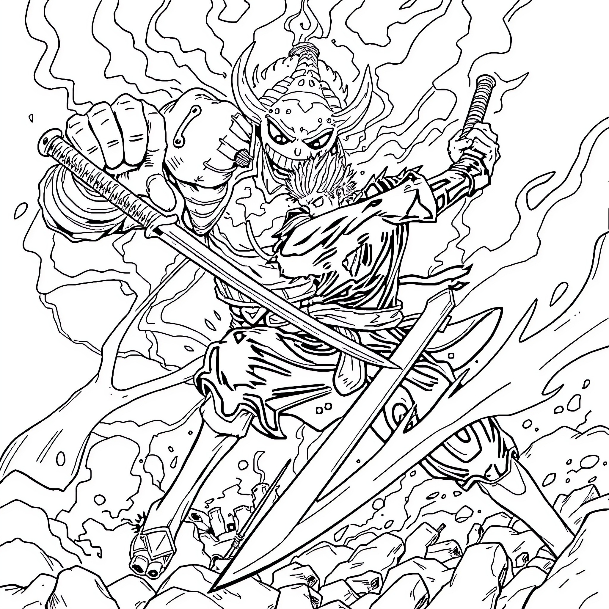 Roronoa Zoro's Fierce Battle Coloring Page (free black-and-white line drawing printable PDF for all, from beginners to advanced learners, including children, teens, adults, and seniors)