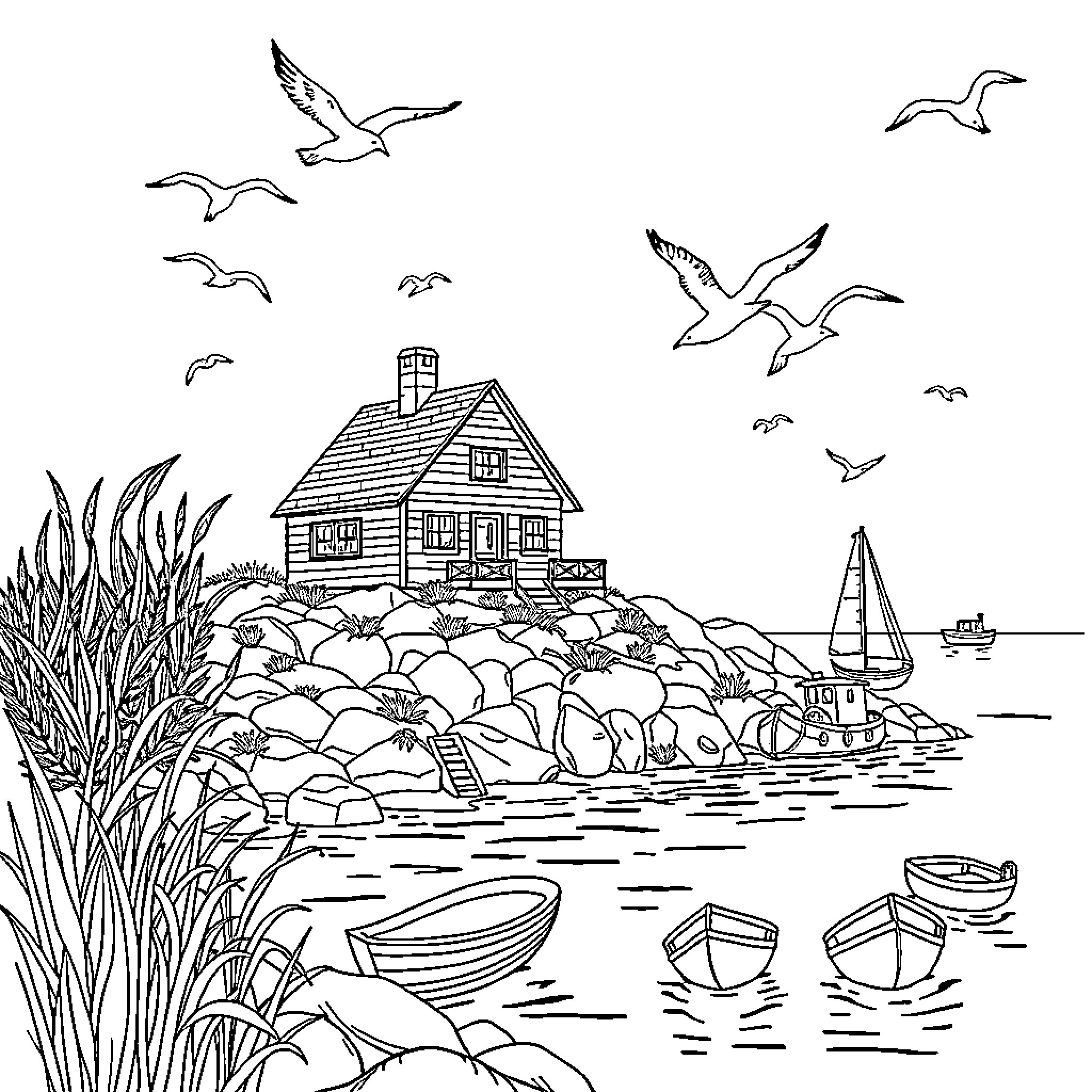 House by the Scenic Coastal Shore with Seabirds Coloring Page (free black-and-white line drawing printable PDF for all, from beginners to advanced learners, including children, teens, adults, and seniors)
