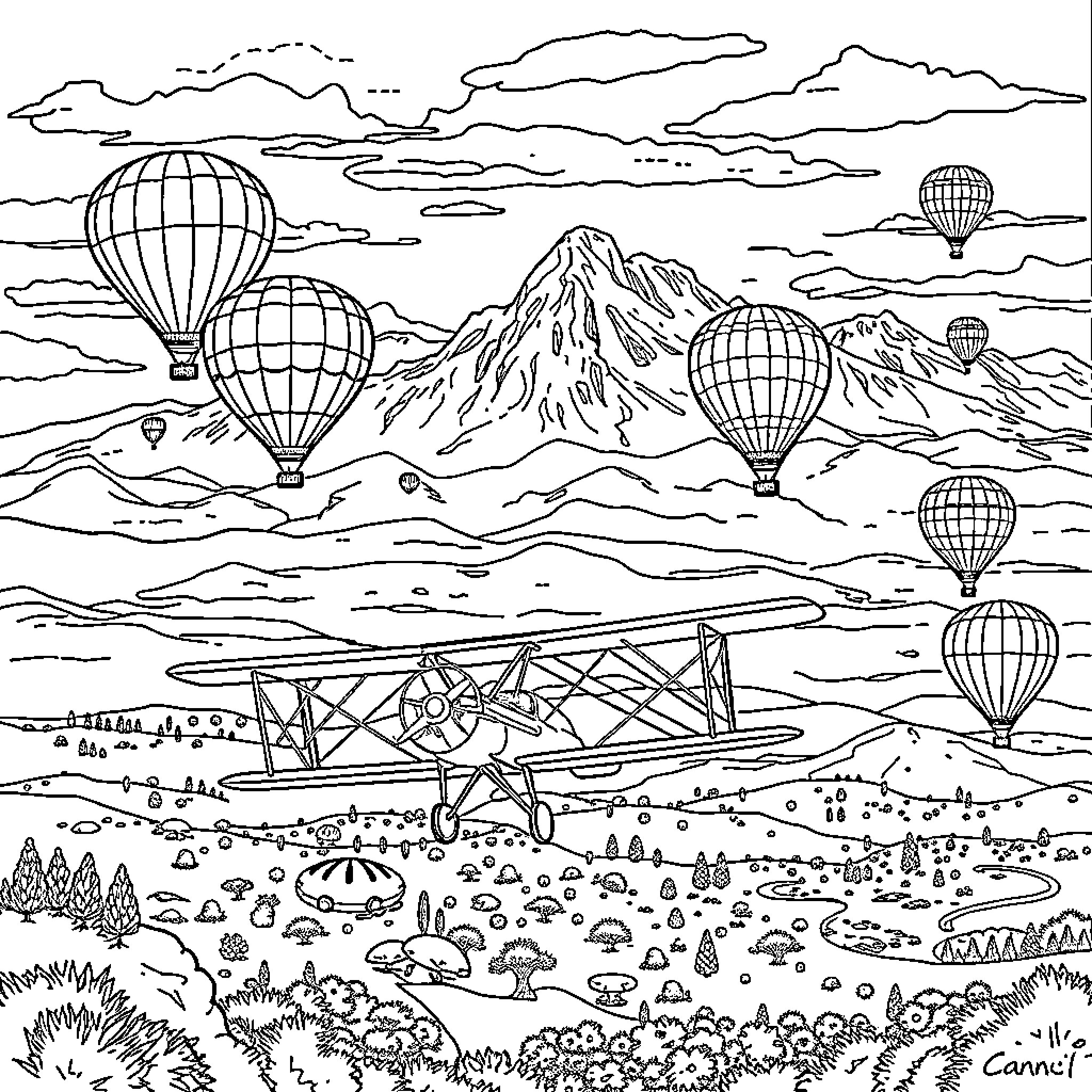 Biplane soaring through a landscape of hot air balloons Coloring Page (free black-and-white line drawing printable PDF for all, from beginners to advanced learners, including children, teens, adults, and seniors)