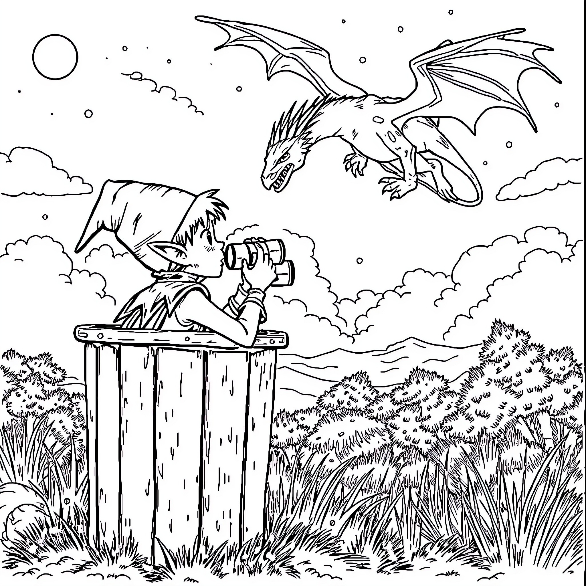 Elf observing a majestic dragon in the night sky Coloring Page (free black-and-white line drawing printable PDF for all, from beginners to advanced learners, including children, teens, adults, and seniors)
