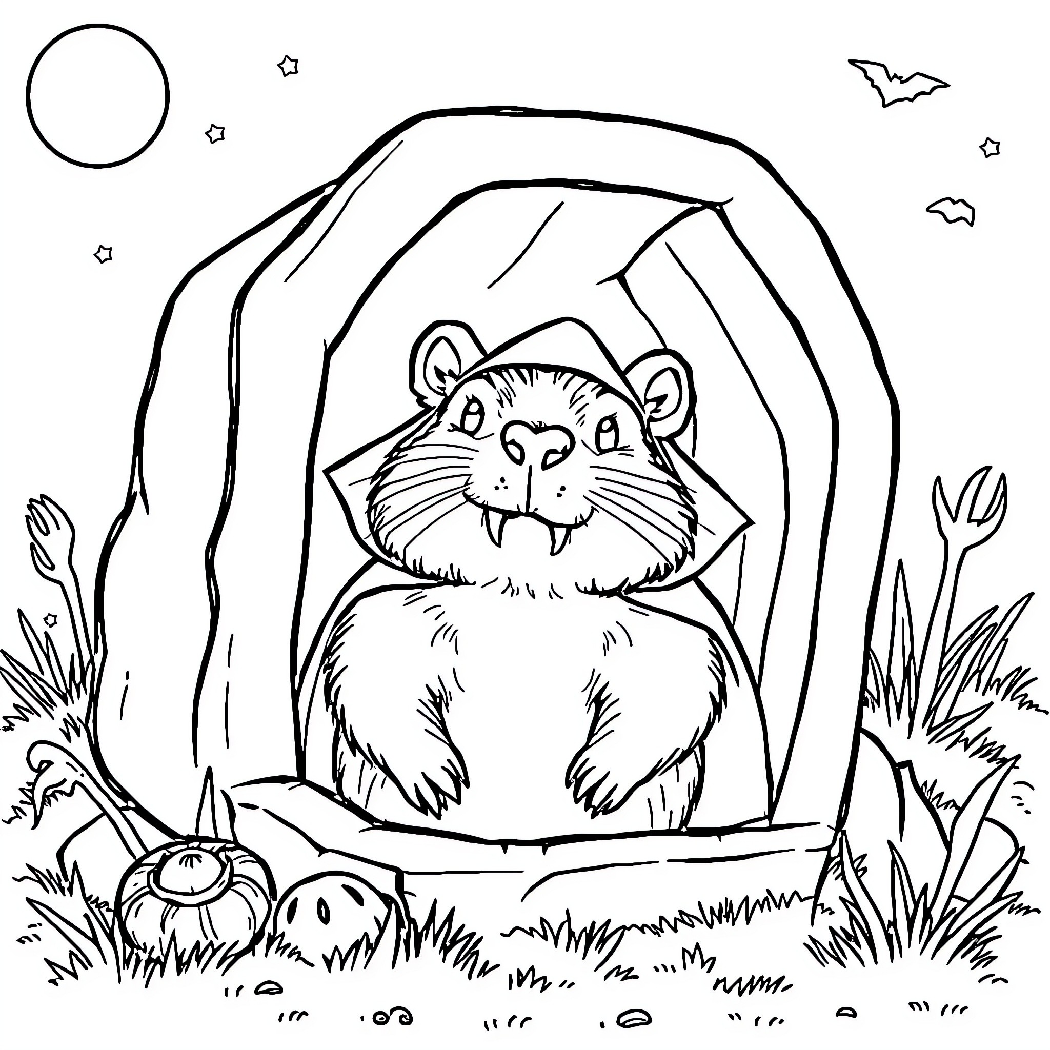 Capybara exploring a mysterious cave Coloring Page (free black-and-white line drawing printable PDF for all, from beginners to advanced learners, including children, teens, adults, and seniors)