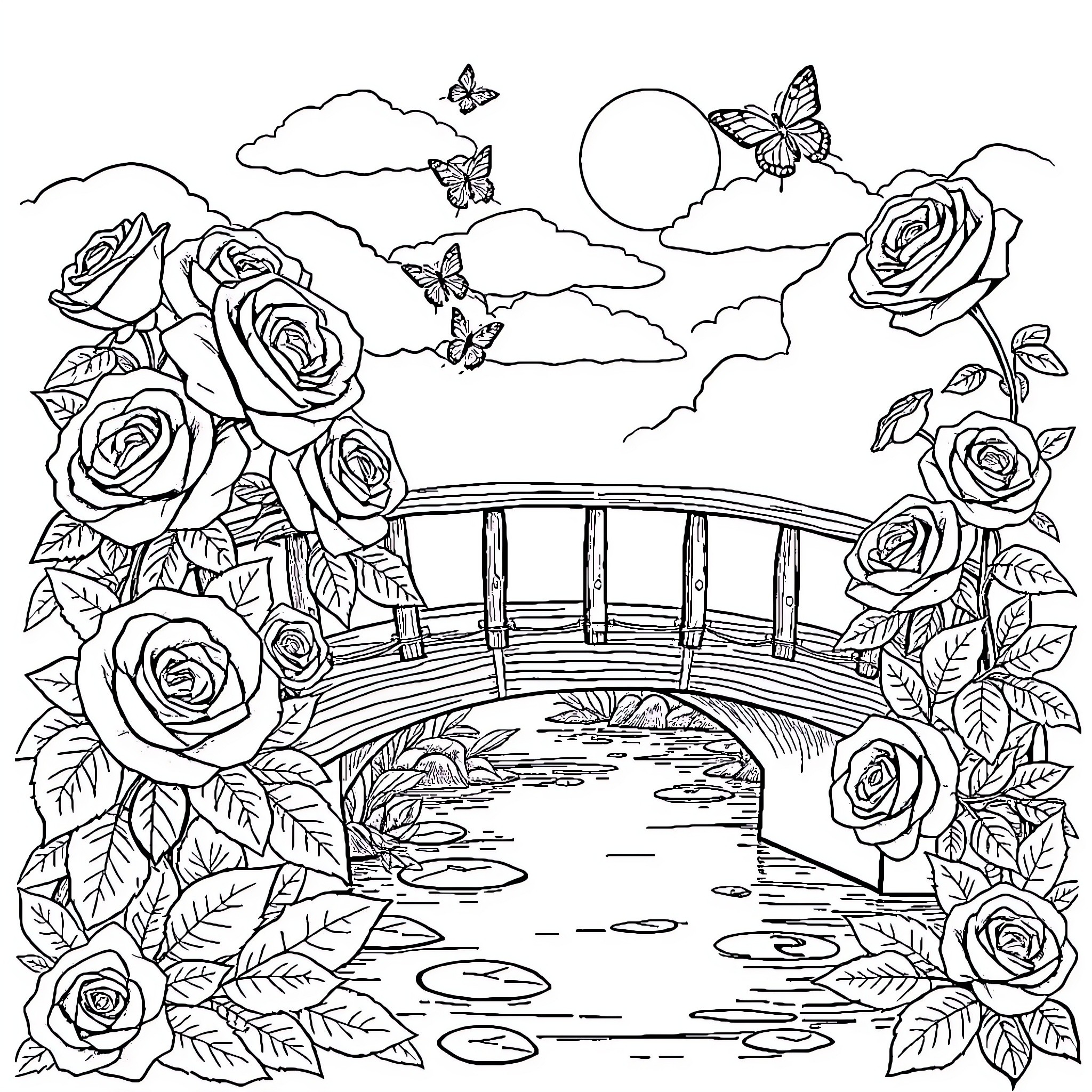 Rose Garden Tranquil Retreat with Butterflies Coloring Page (free black-and-white line drawing printable PDF for all, from beginners to advanced learners, including children, teens, adults, and seniors)
