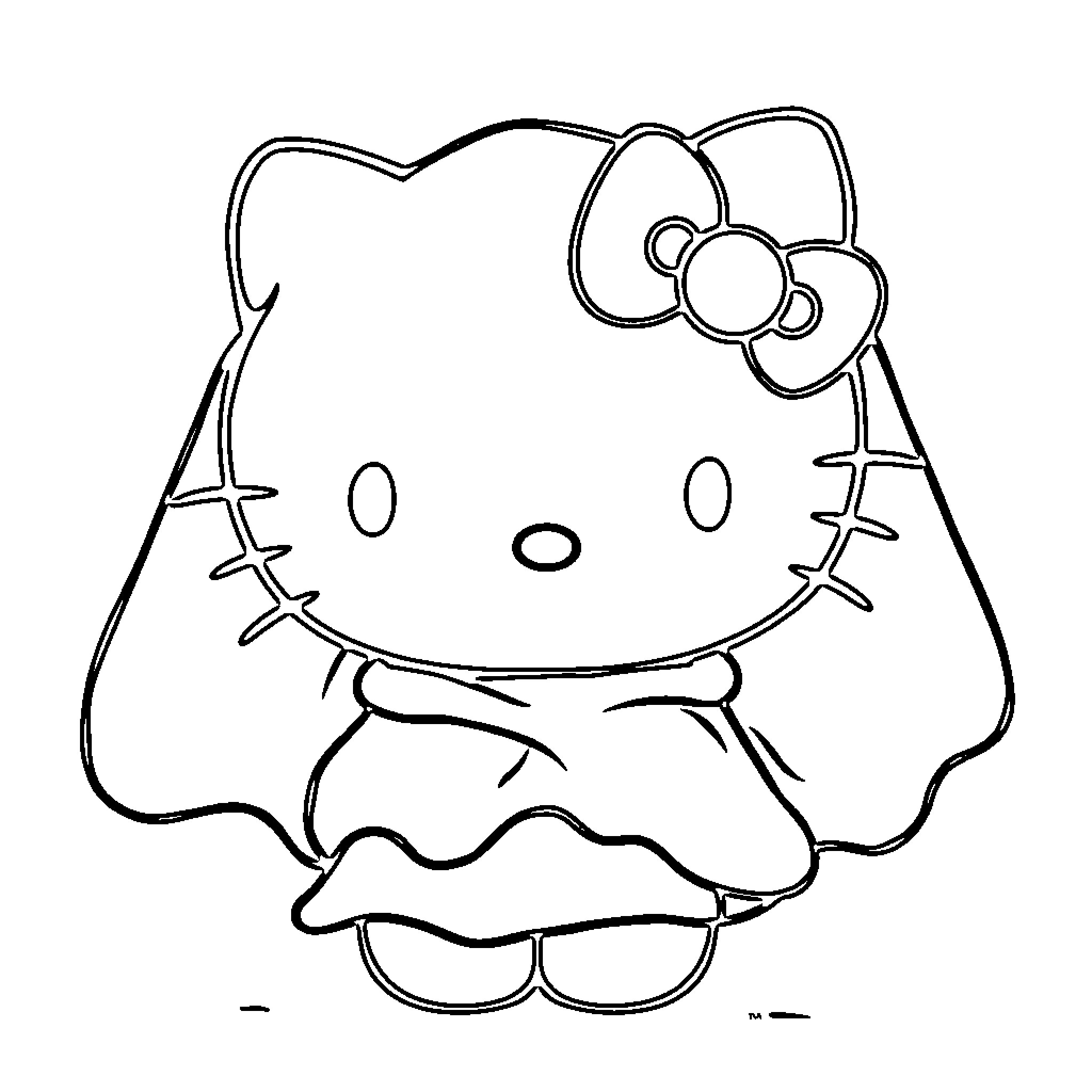 Hello Kitty in adorable dress Coloring Page (free black-and-white line drawing printable PDF for all, from beginners to advanced learners, including children, teens, adults, and seniors)