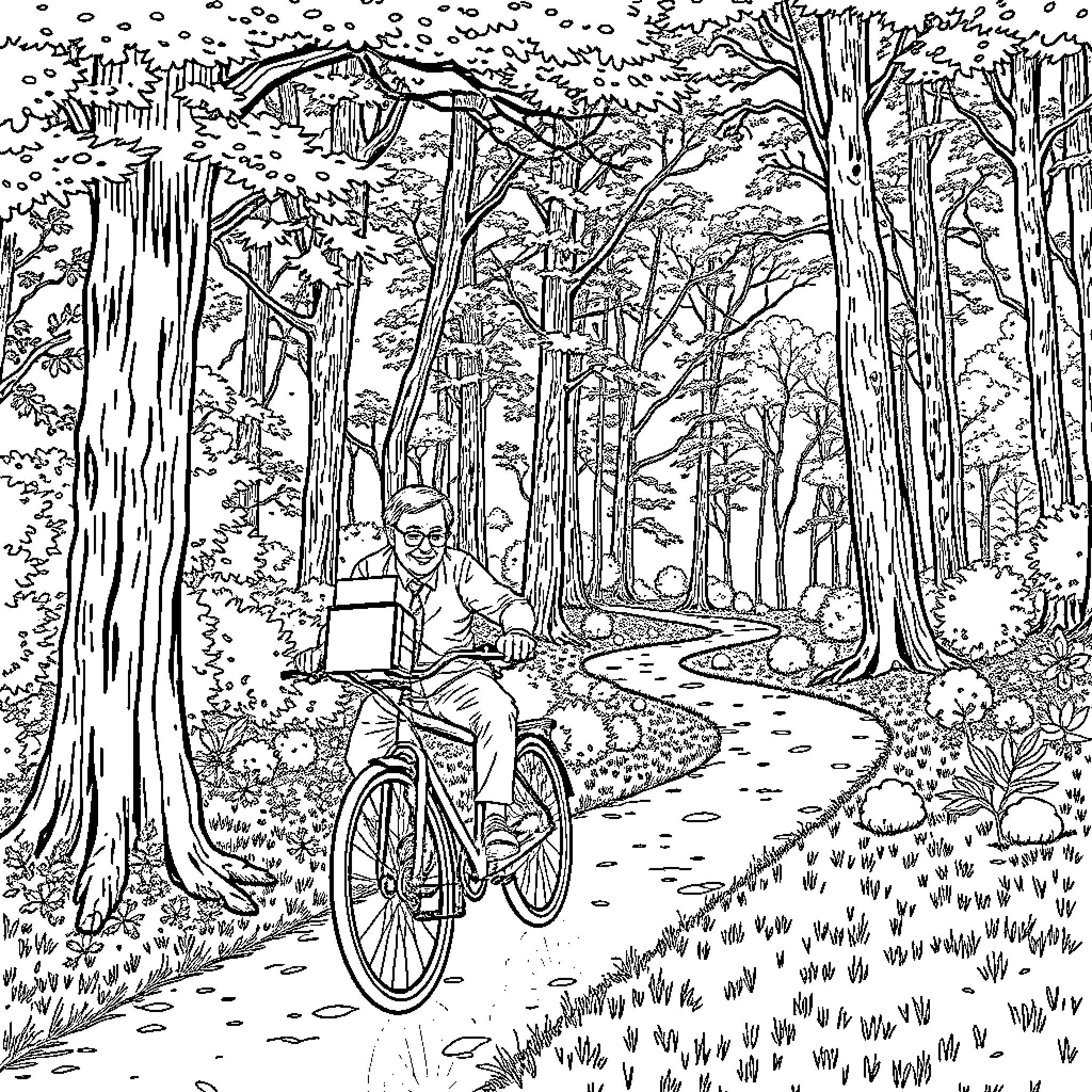 Steven Hawking cycling through a serene forest landscape Coloring Page (free black-and-white line drawing printable PDF for all, from beginners to advanced learners, including children, teens, adults, and seniors)