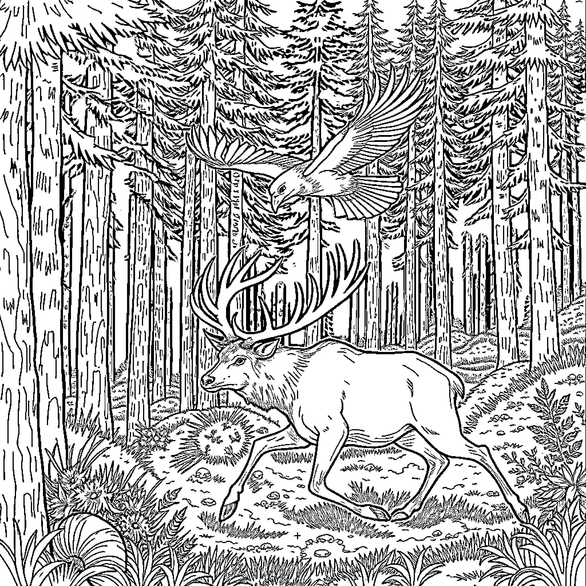 Raptor soaring over majestic deer in forest scene Coloring Page (free black-and-white line drawing printable PDF for all, from beginners to advanced learners, including children, teens, adults, and seniors)