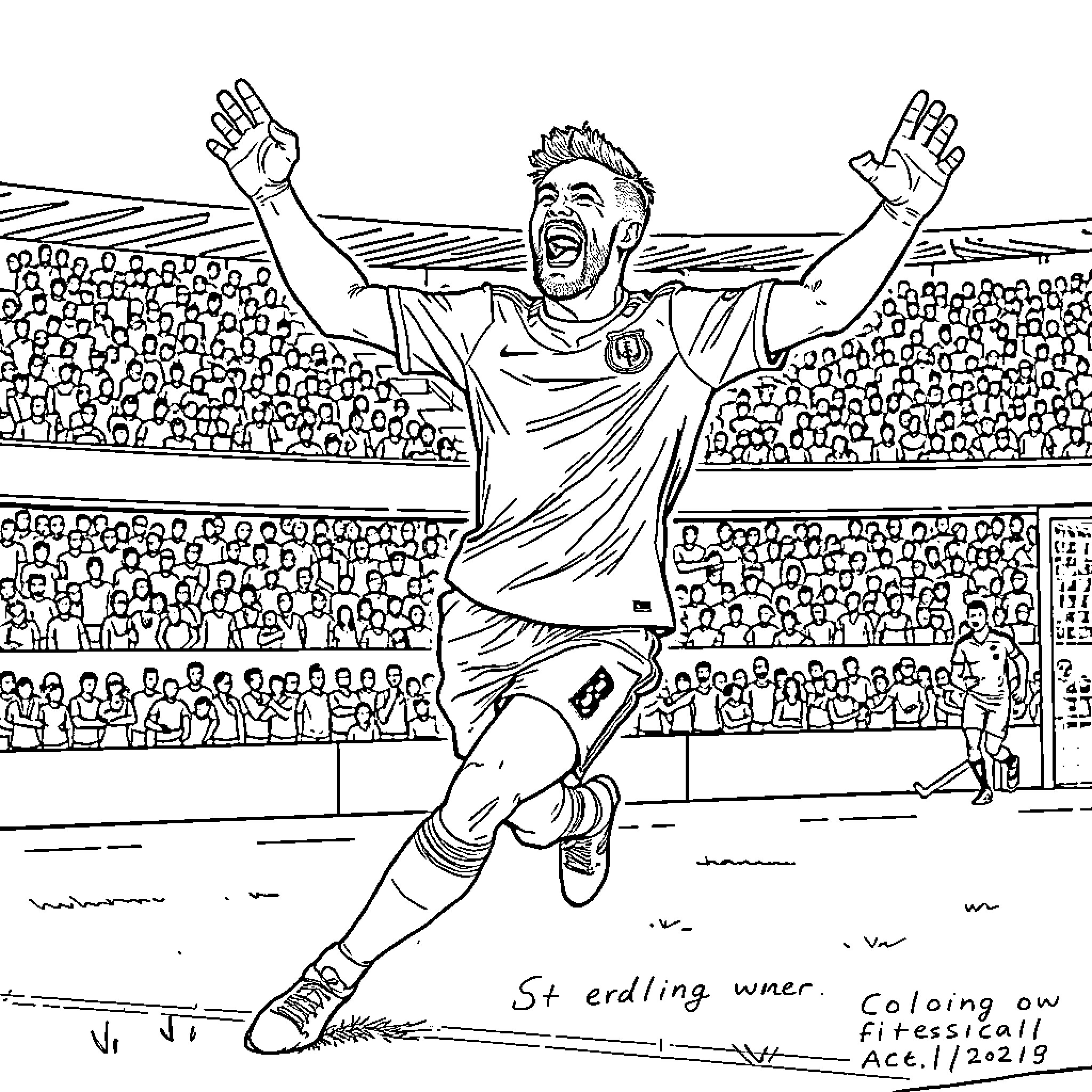 Erling Haaland celebrates goal with arms raised Coloring Page (free black-and-white line drawing printable PDF for all, from beginners to advanced learners, including children, teens, adults, and seniors)