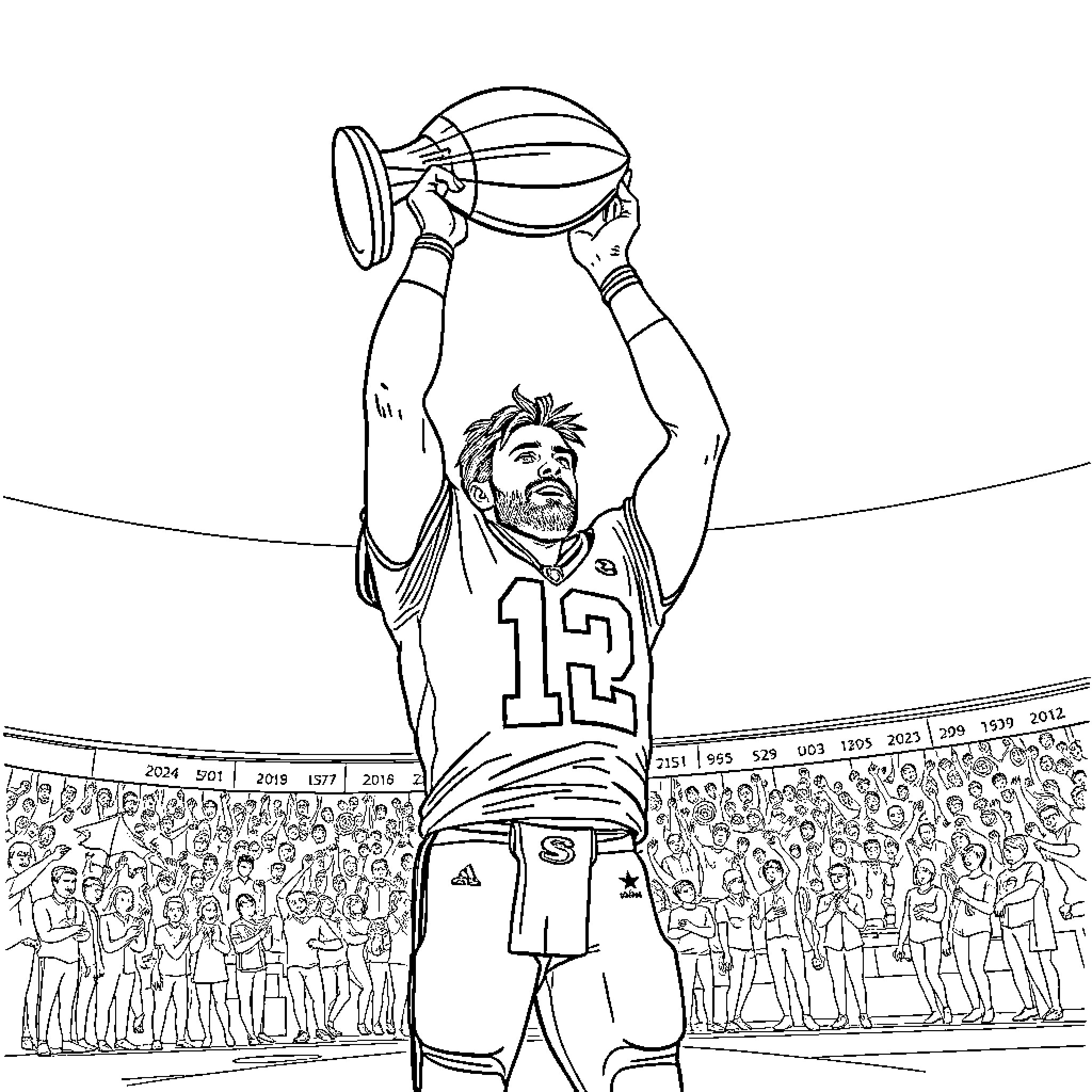 Andrew Luck celebrating victory with a trophy Coloring Page (free black-and-white line drawing printable PDF for all, from beginners to advanced learners, including children, teens, adults, and seniors)