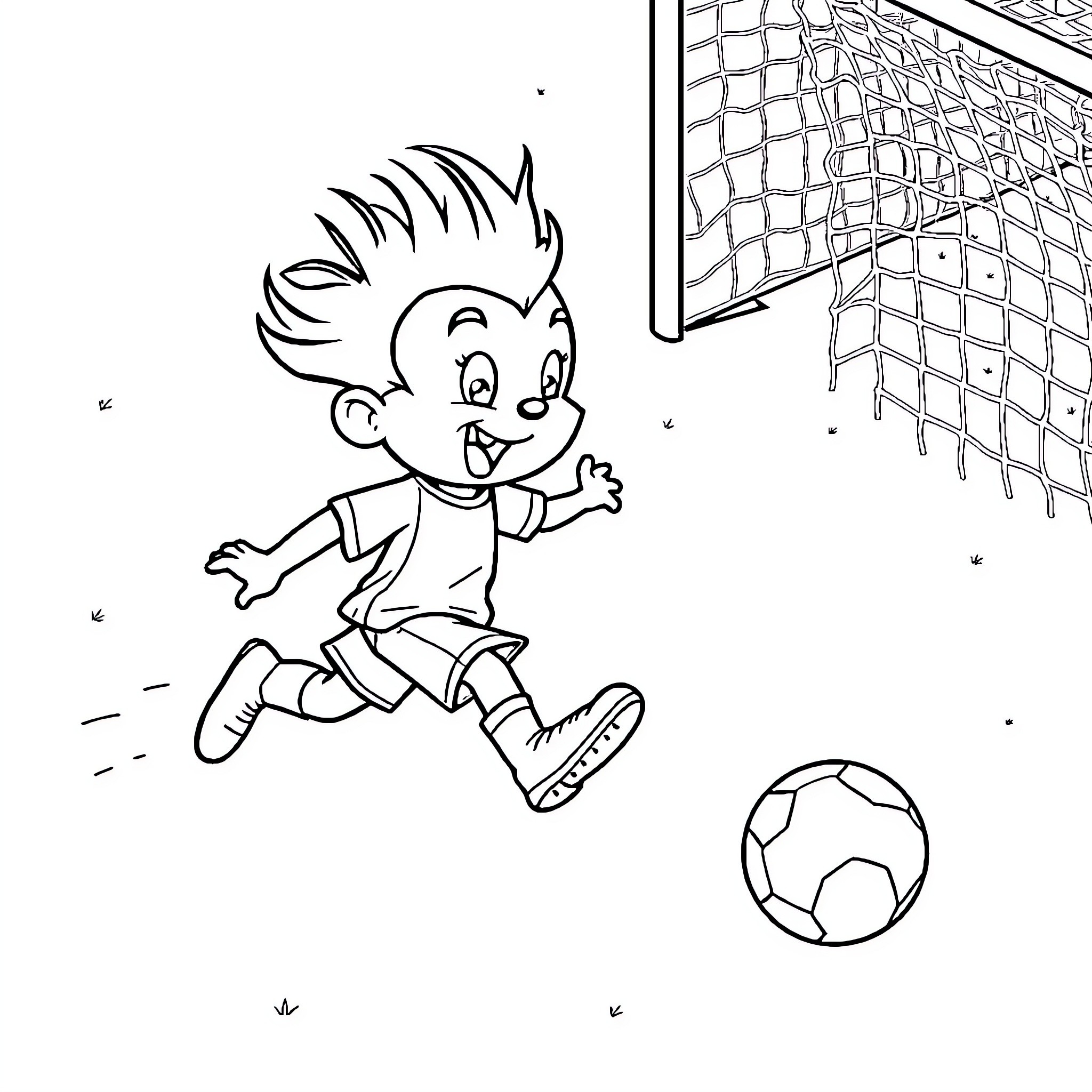 Sprunki playing football near the goal net Coloring Page (free black-and-white line drawing printable PDF for all, from beginners to advanced learners, including children, teens, adults, and seniors)