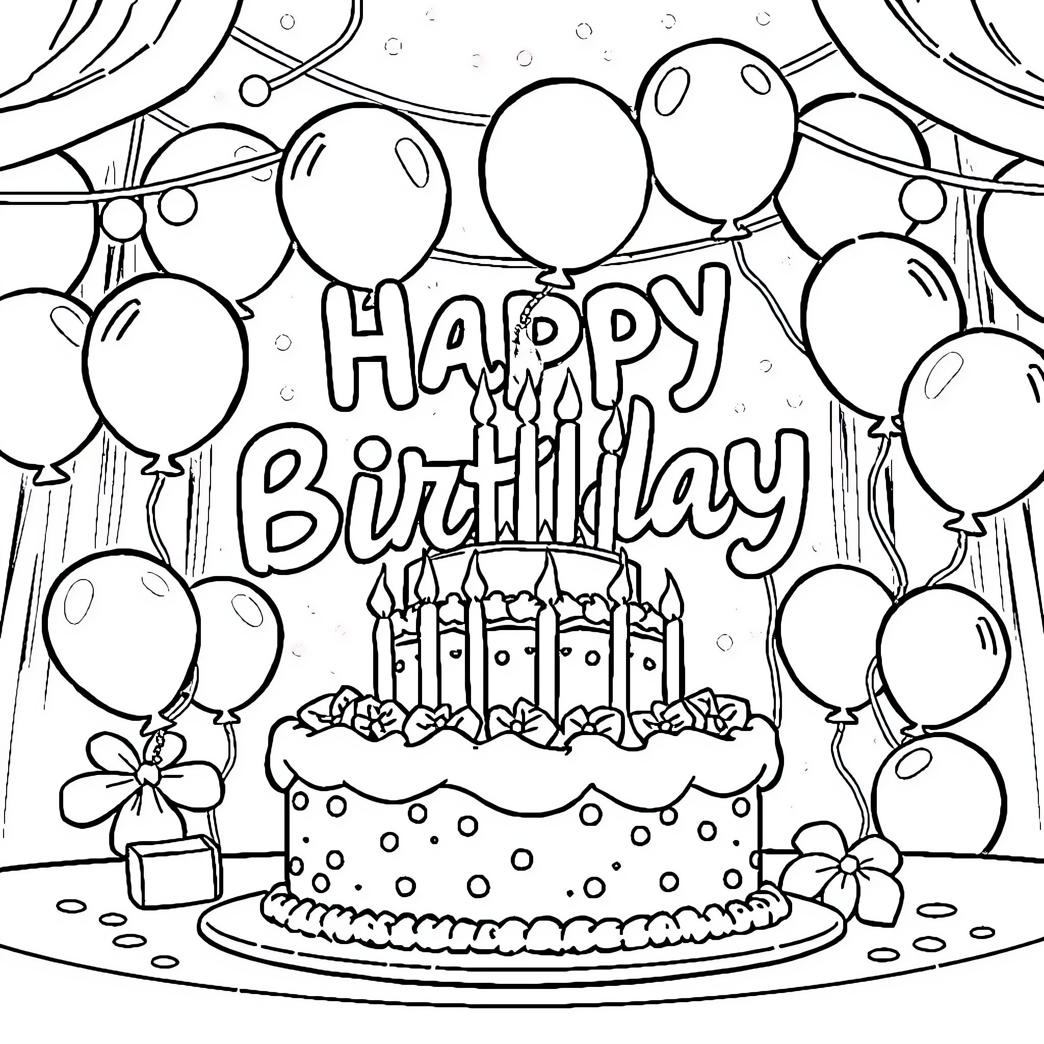 Gros Celebration of a Happy Birthday Coloring Page (free black-and-white line drawing printable PDF for all, from beginners to advanced learners, including children, teens, adults, and seniors)