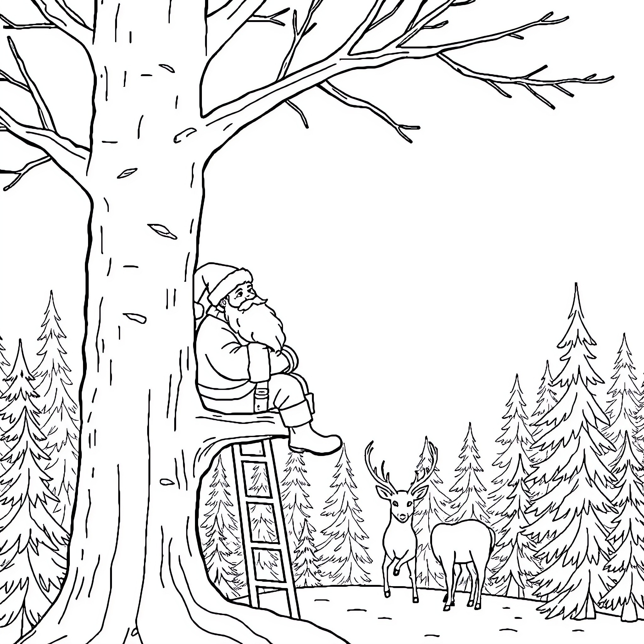Deer peeking at a worker in the woods Coloring Page (free black-and-white line drawing printable PDF for all, from beginners to advanced learners, including children, teens, adults, and seniors)