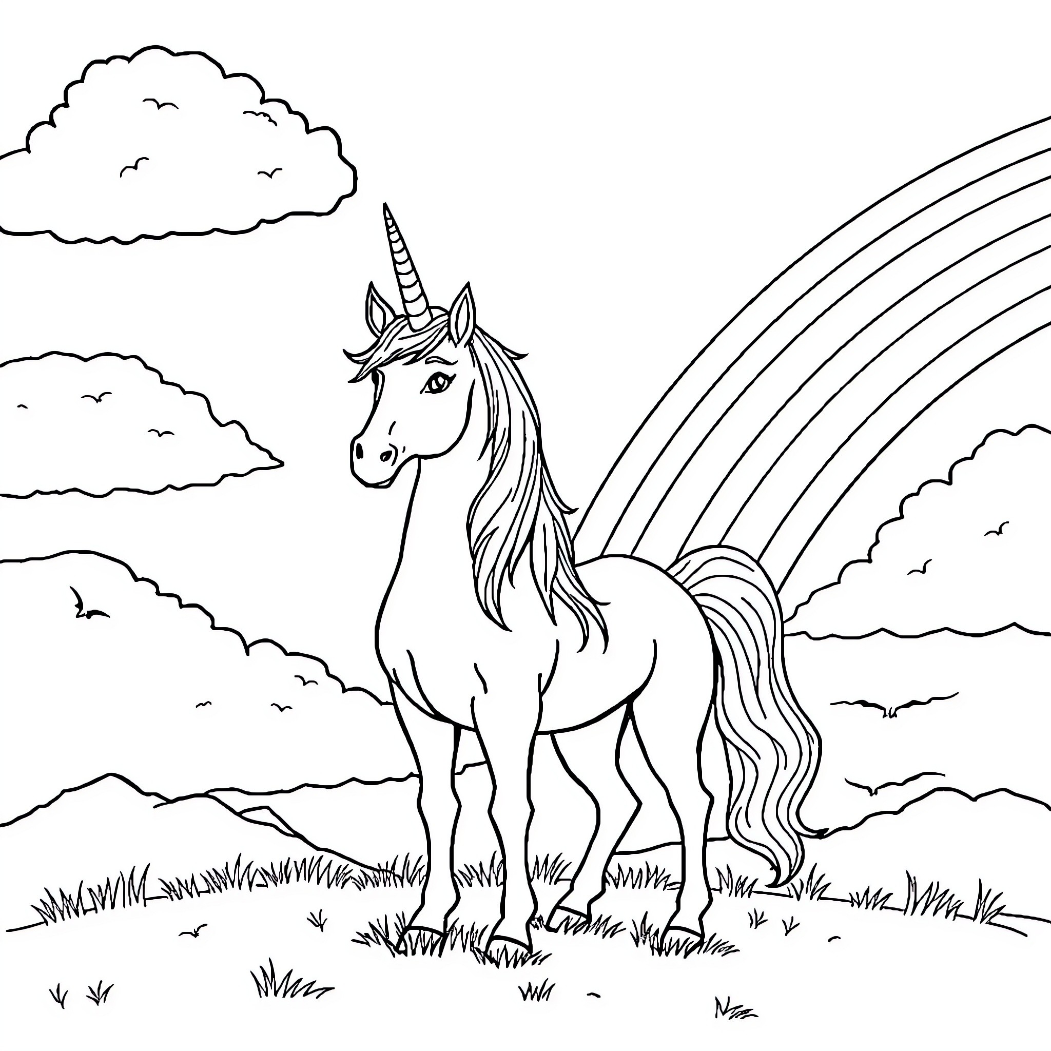 Unicorn standing in a magical meadow Coloring Page (free black-and-white line drawing printable PDF for all, from beginners to advanced learners, including children, teens, adults, and seniors)