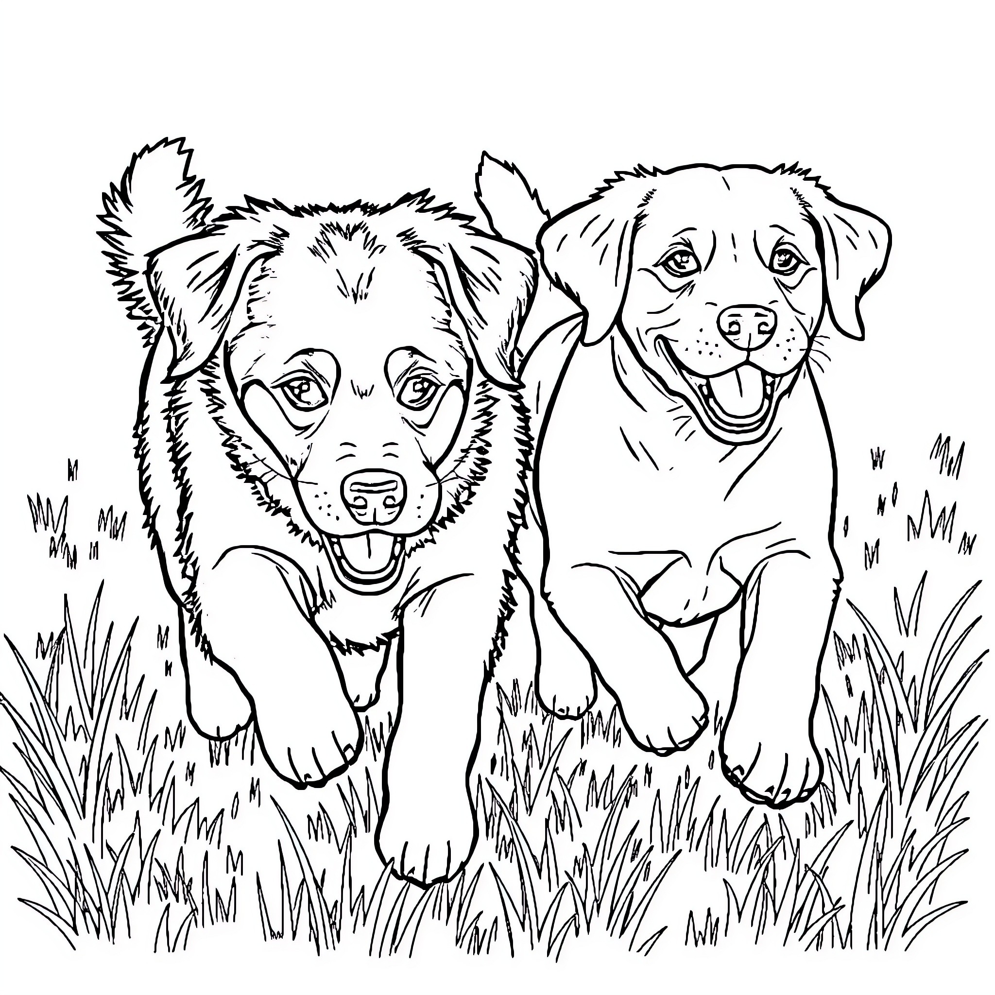 Labrador puppies playing joyfully in the grass Coloring Page (free black-and-white line drawing printable PDF for all, from beginners to advanced learners, including children, teens, adults, and seniors)