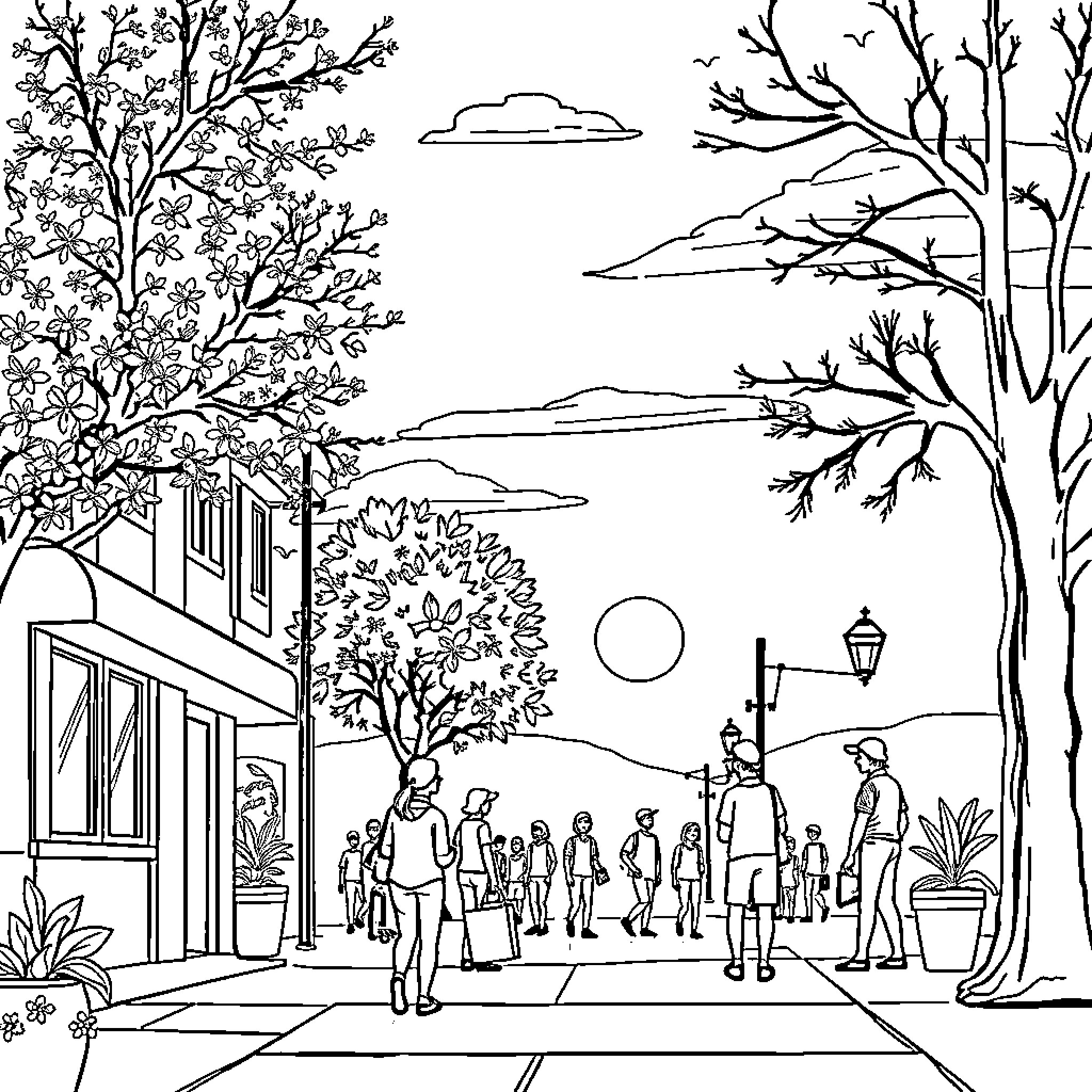 Wednesday Afternoon Stroll in the Neighborhood Coloring Page (free black-and-white line drawing printable PDF for all, from beginners to advanced learners, including children, teens, adults, and seniors)