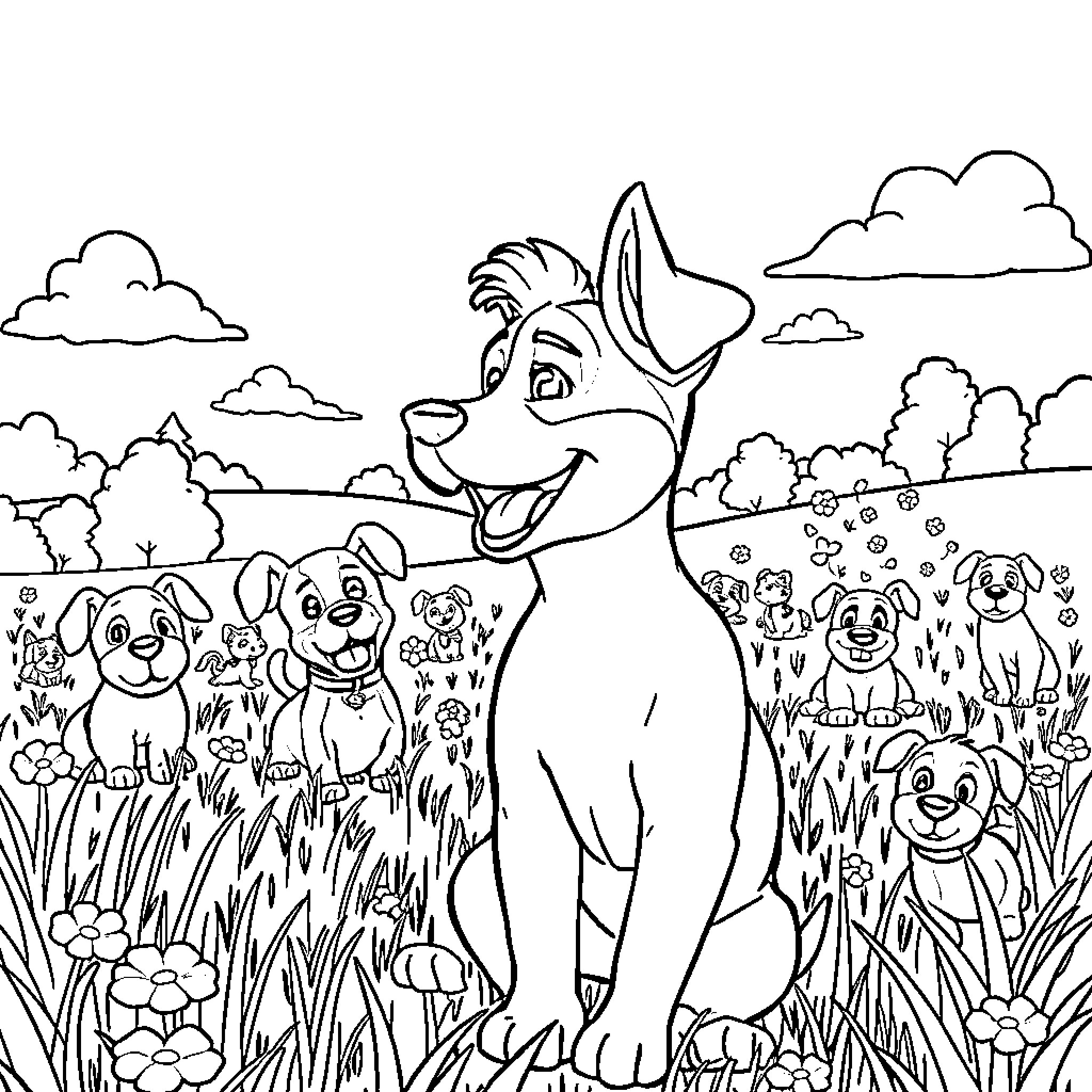 Jensen Ackles as friendly animal character in nature scene Coloring Page (free black-and-white line drawing printable PDF for all, from beginners to advanced learners, including children, teens, adults, and seniors)