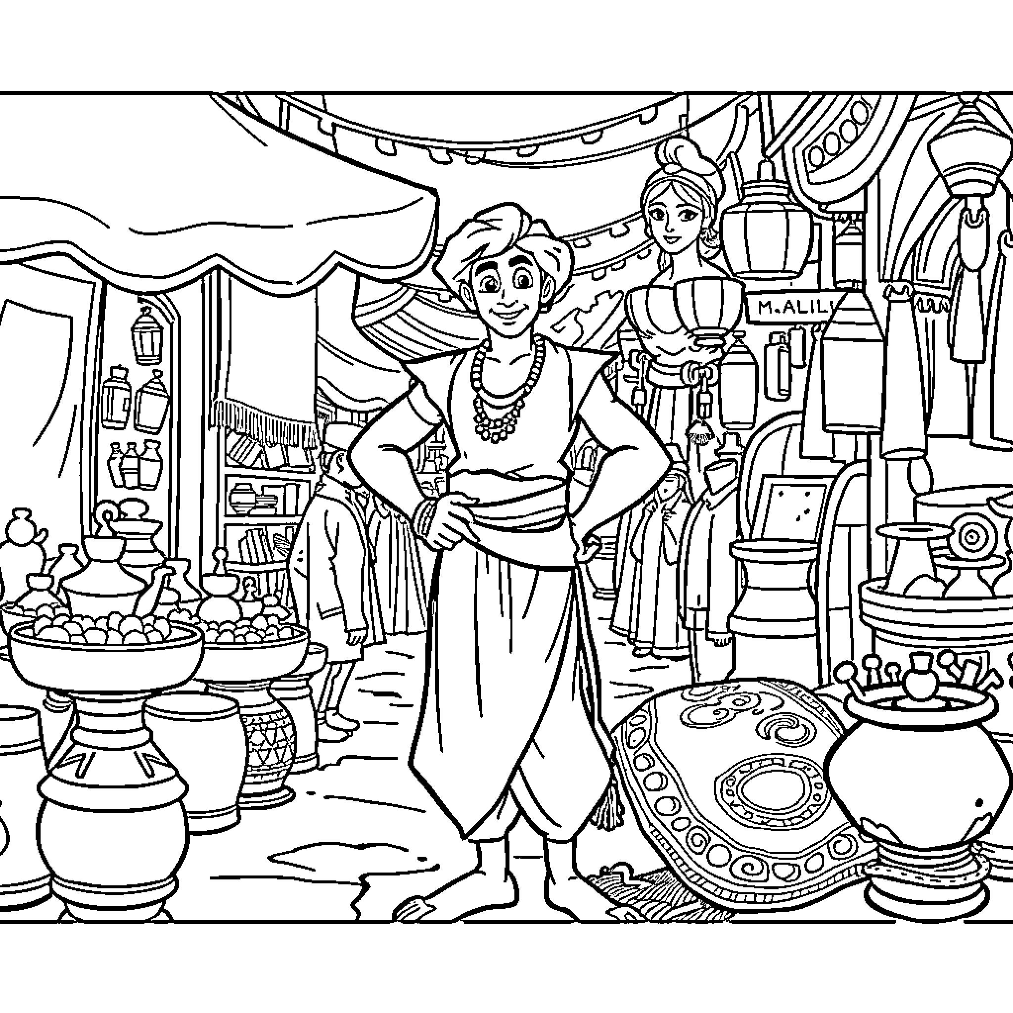 Aladdin exploring the wondrous market of Agrabah Coloring Page (free black-and-white line drawing printable PDF for all, from beginners to advanced learners, including children, teens, adults, and seniors)