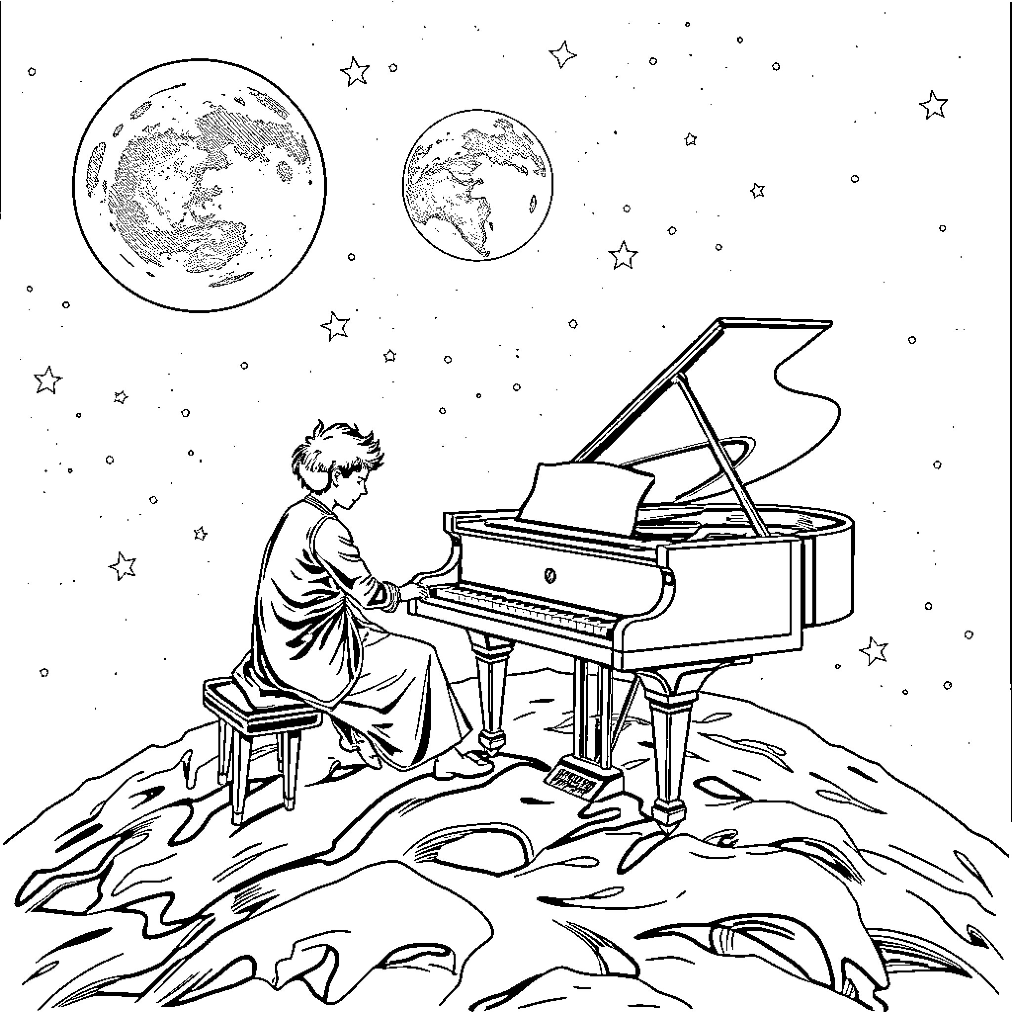 Piano player in a fantastical, celestial scene Coloring Page (free black-and-white line drawing printable PDF for all, from beginners to advanced learners, including children, teens, adults, and seniors)