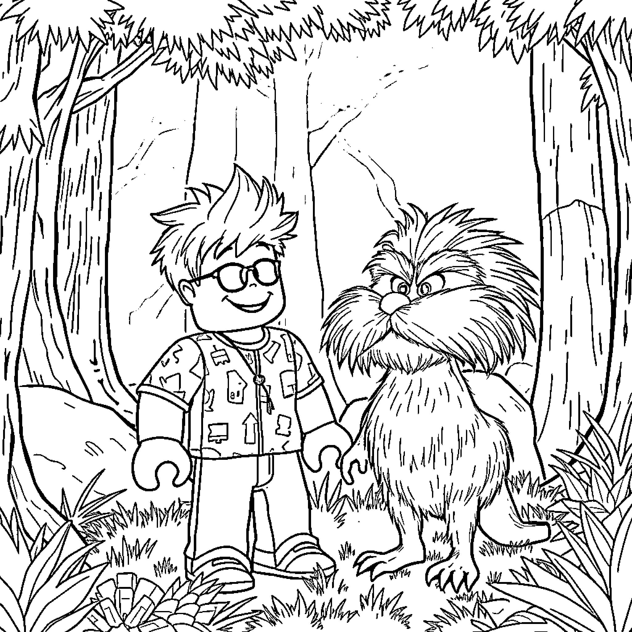 Kid exploring the forest with furry companion Coloring Page (free black-and-white line drawing printable PDF for all, from beginners to advanced learners, including children, teens, adults, and seniors)