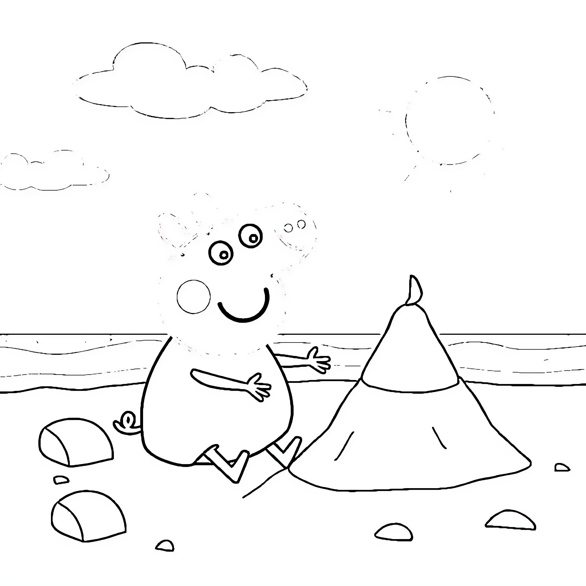 Peppa Pig enjoying a day at the beach Coloring Page (free black-and-white line drawing printable PDF for all, from beginners to advanced learners, including children, teens, adults, and seniors)