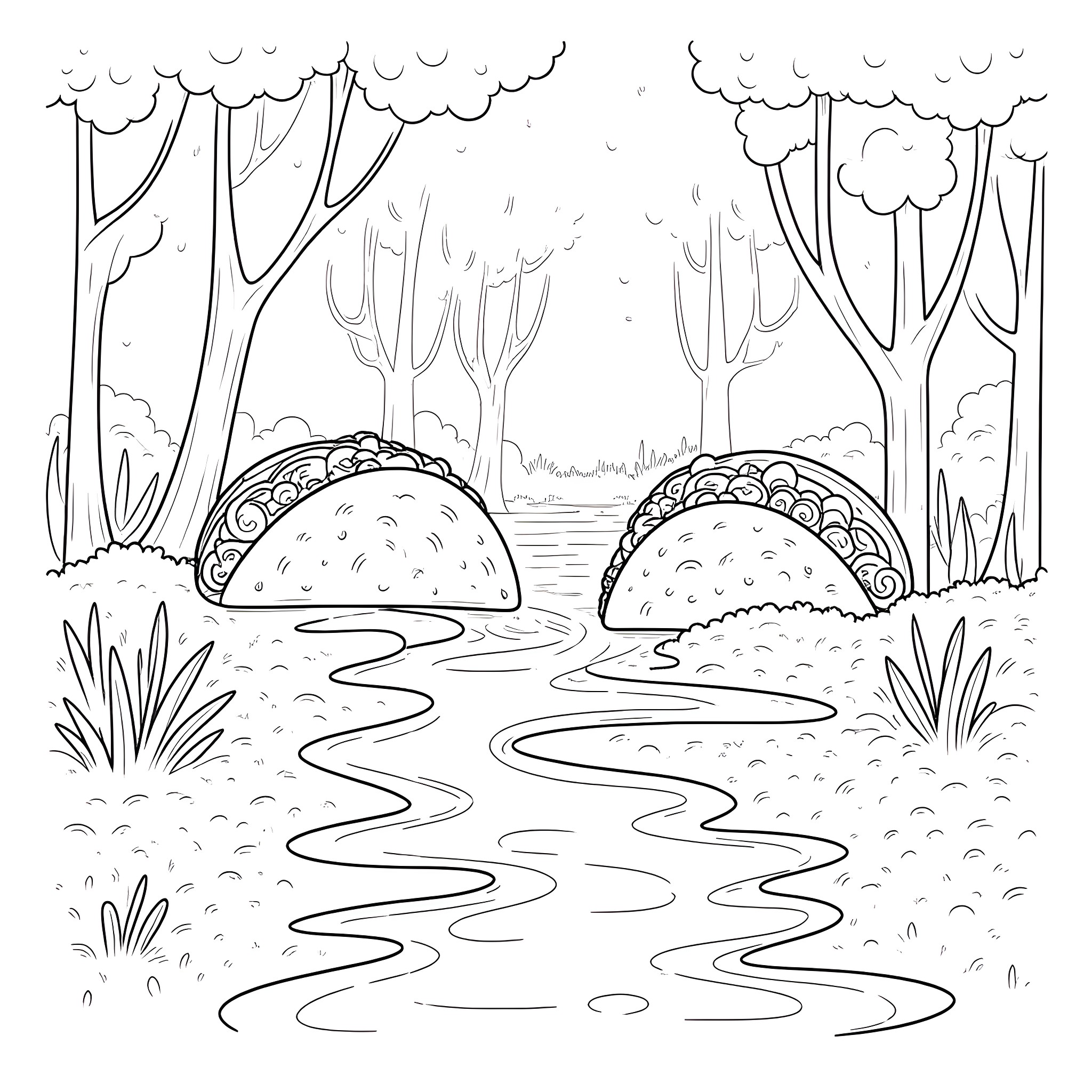 Taco Time in the Woodland Creek Coloring Page (free black-and-white line drawing printable PDF for all, from beginners to advanced learners, including children, teens, adults, and seniors)