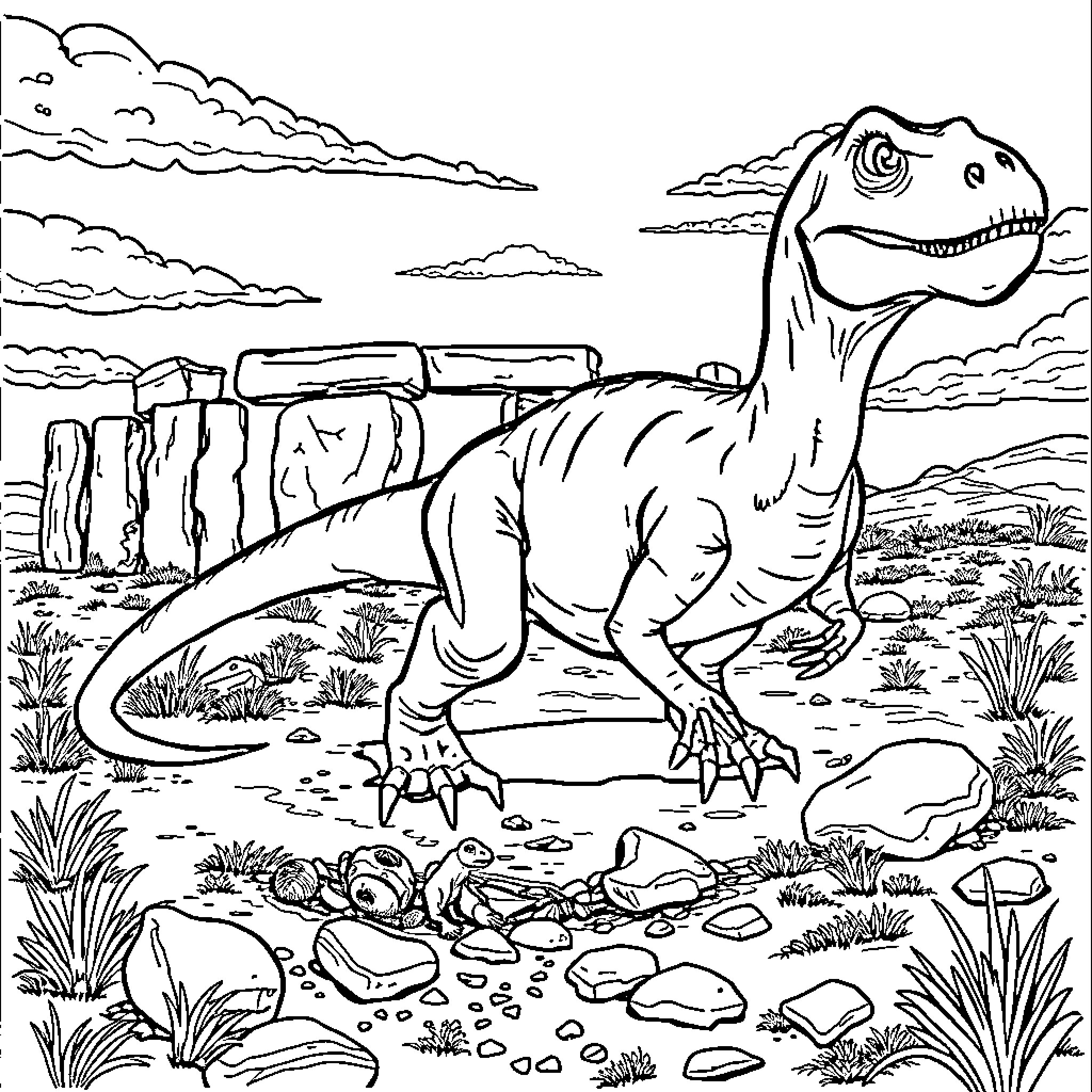 Velociraptor hunting in prehistoric landscape Coloring Page (free black-and-white line drawing printable PDF for all, from beginners to advanced learners, including children, teens, adults, and seniors)