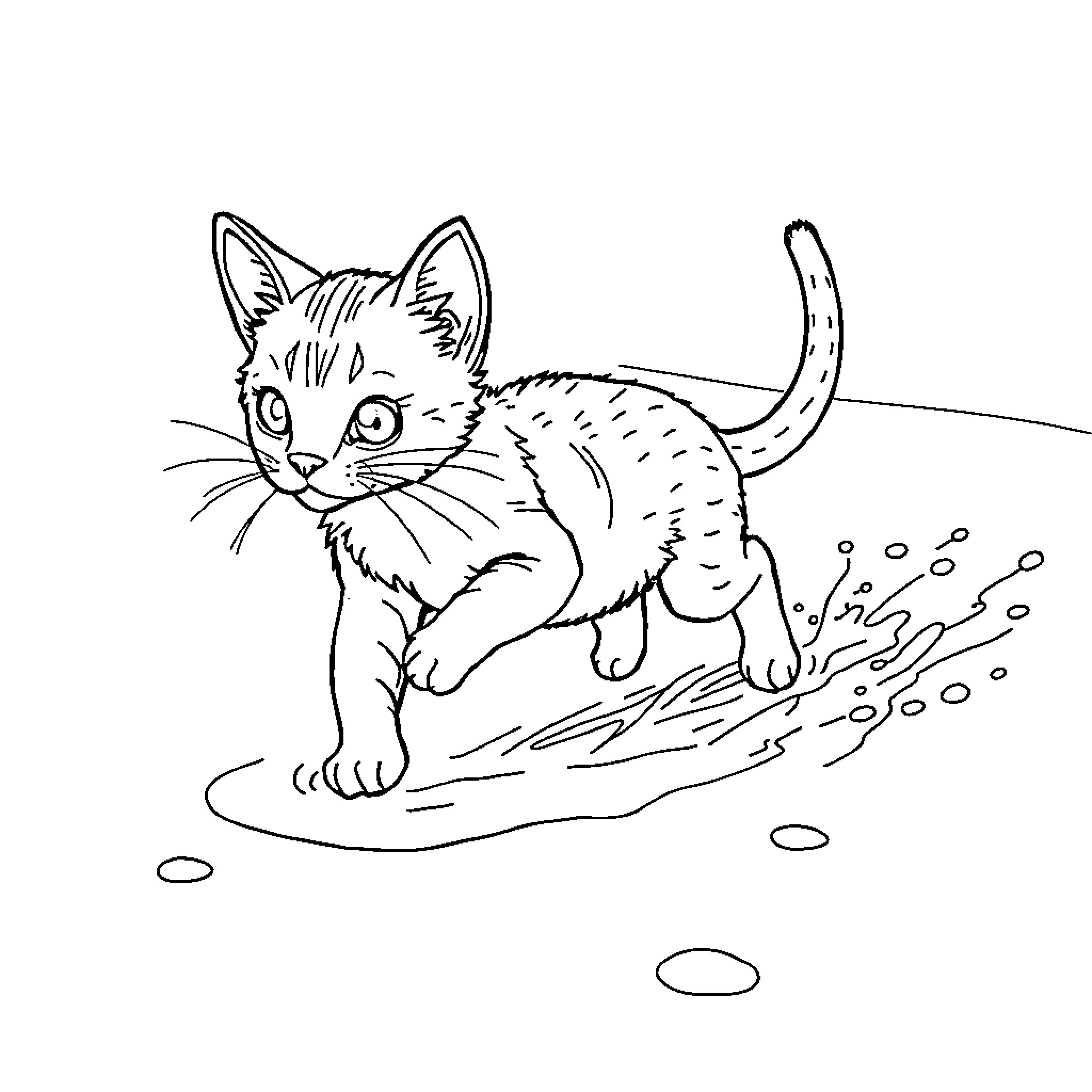 Kitty exploring the puddles Coloring Page (free black-and-white line drawing printable PDF for all, from beginners to advanced learners, including children, teens, adults, and seniors)