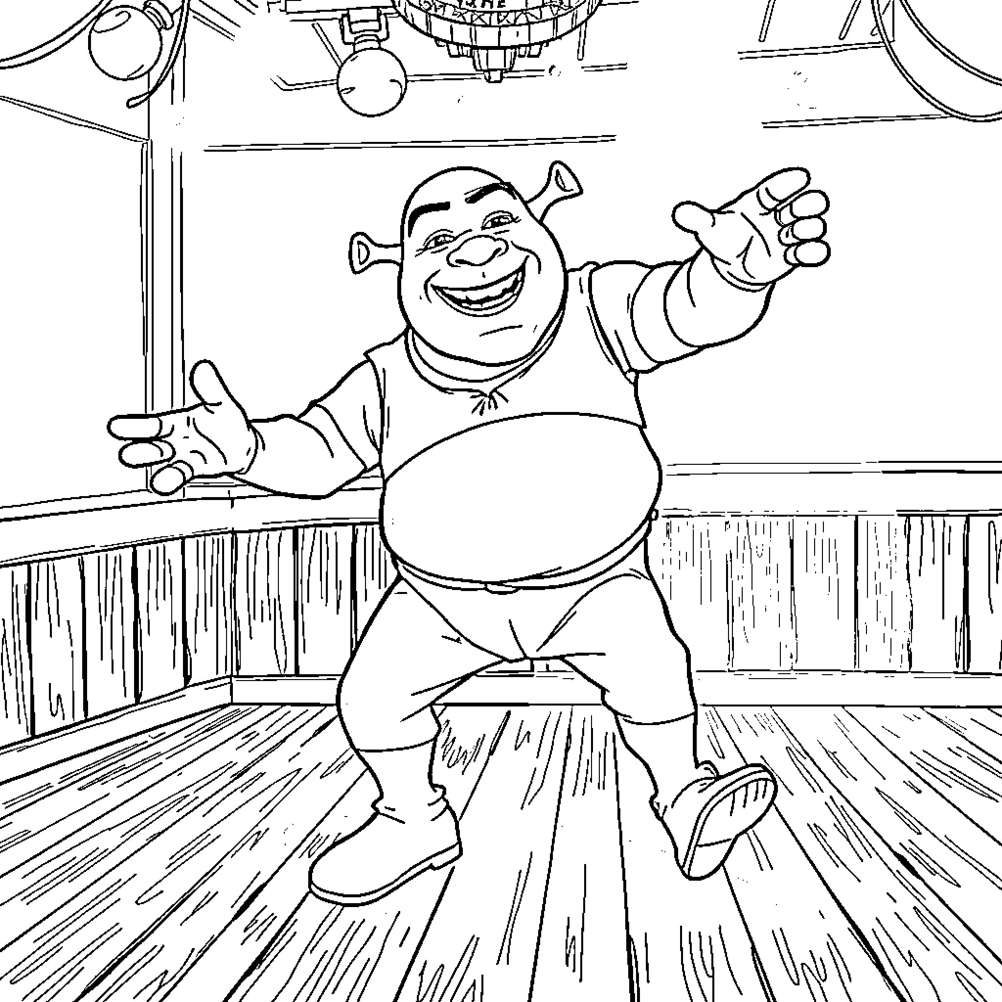 Shrek celebrating joyfully in a vibrant scene Coloring Page (free black-and-white line drawing printable PDF for all, from beginners to advanced learners, including children, teens, adults, and seniors)