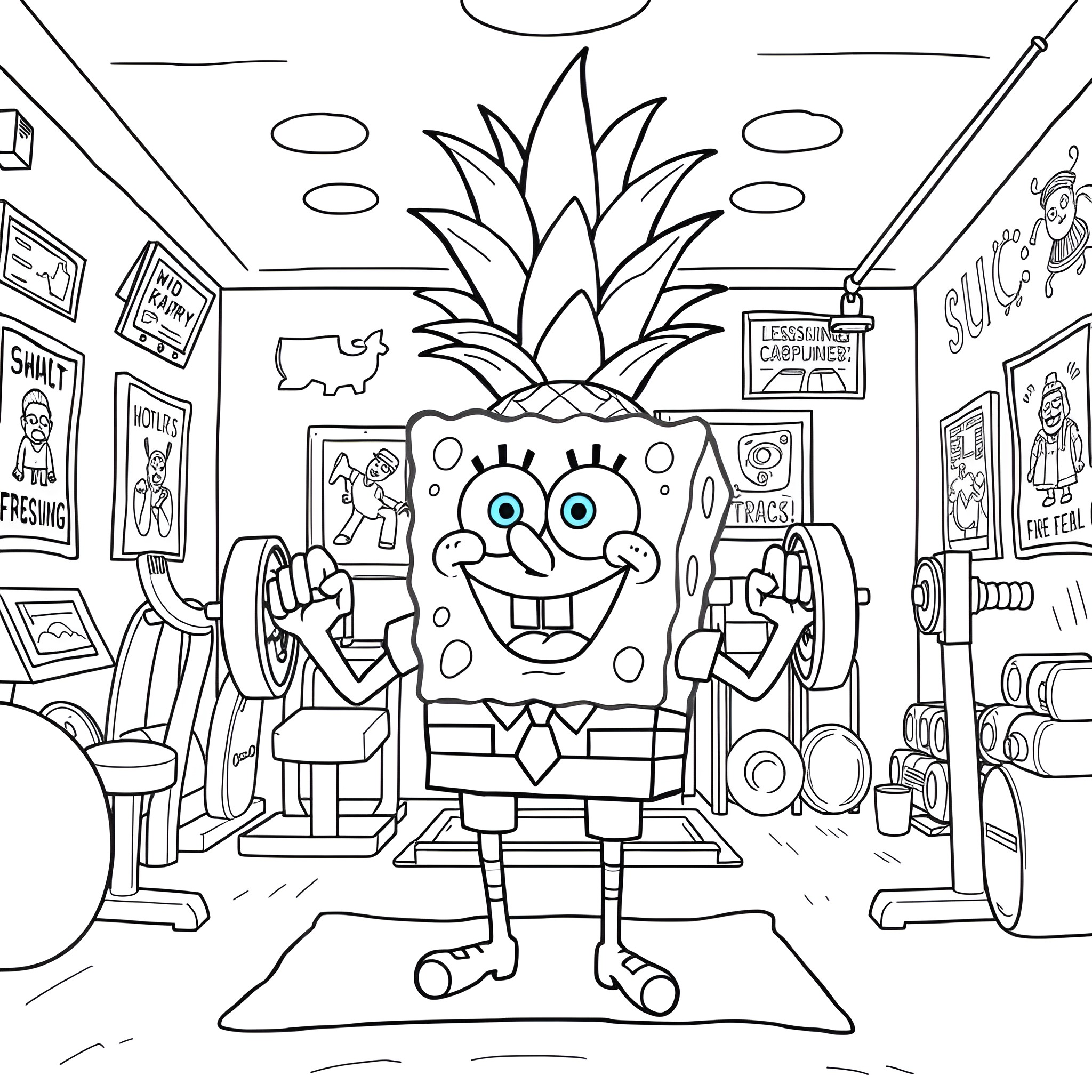 Spongebob in a lively and whimsical room Coloring Page (free black-and-white line drawing printable PDF for all, from beginners to advanced learners, including children, teens, adults, and seniors)