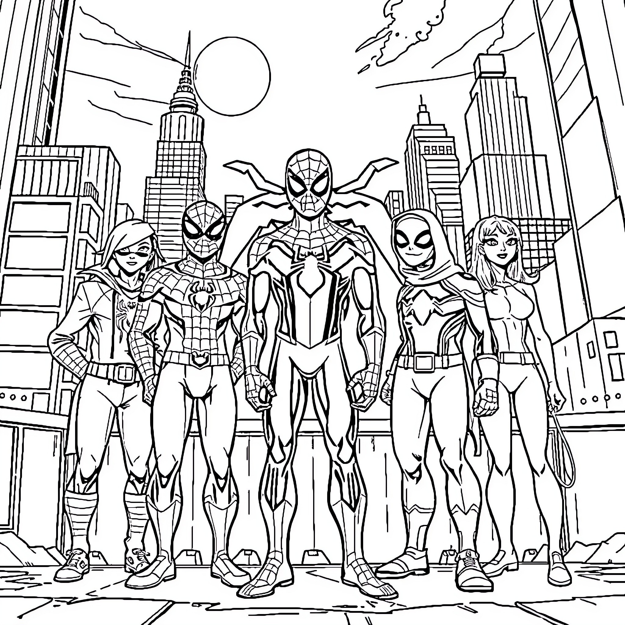 Spider Heroes Gather in Metropolis Coloring Page (free black-and-white line drawing printable PDF for all, from beginners to advanced learners, including children, teens, adults, and seniors)